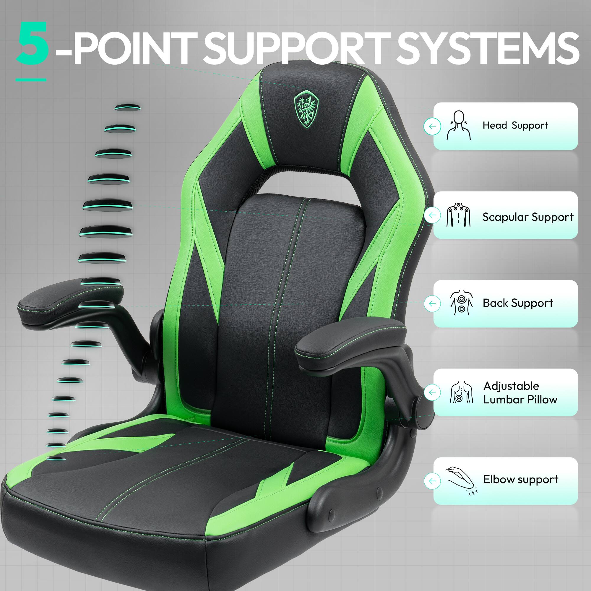 5-POINT SUPPORT SYSTEMS

- Head Support
- Scapular Support
- Back Support
- Adjustable Lumbar Pillow
- Elbow Support