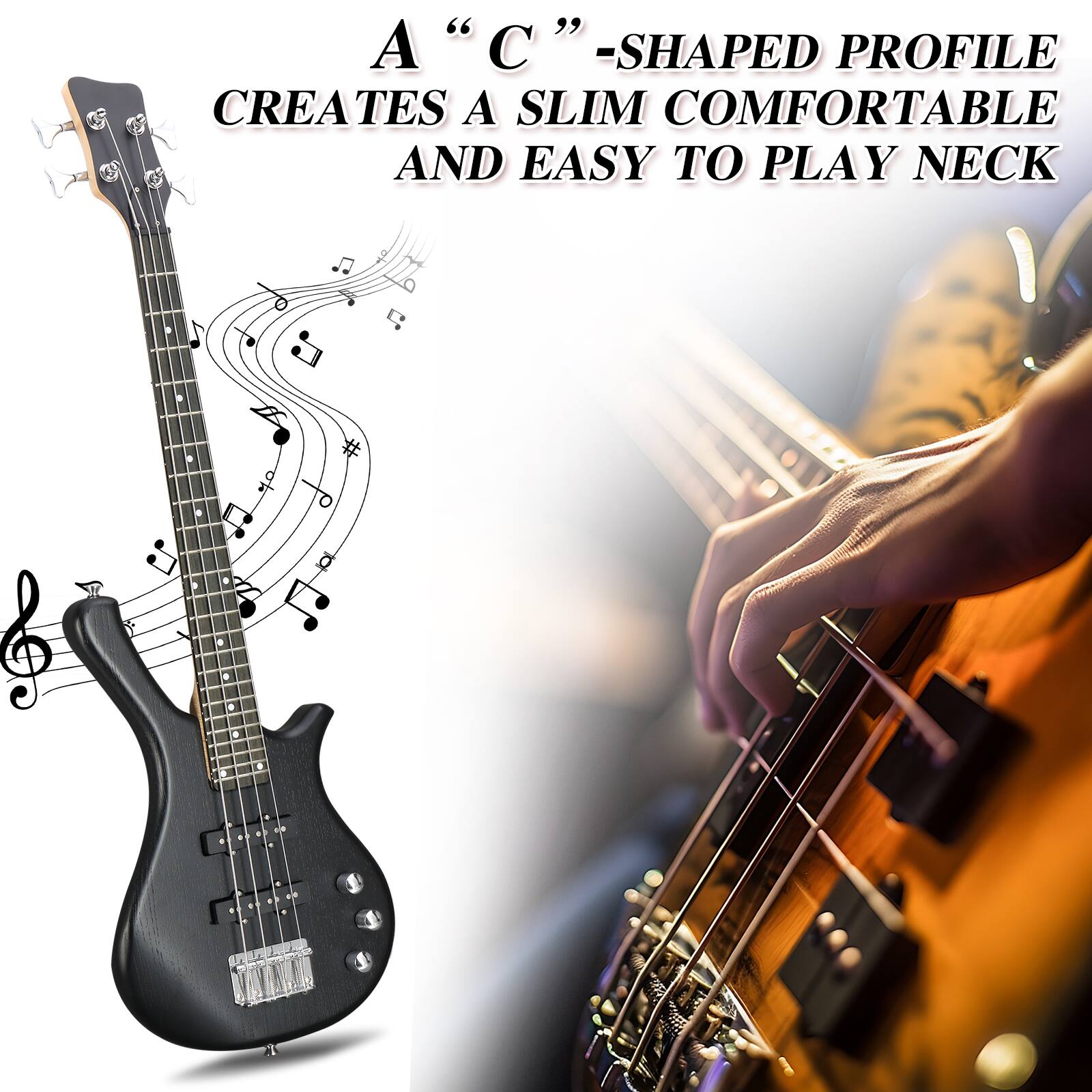 A "C"-shaped profile creates a slim comfortable and easy to play neck.