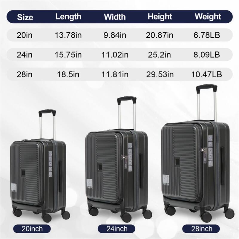 Size | Length | Width | Height | Weight  
20in | 13.78in | 9.84in | 20.87in | 6.78LB  
24in | 15.75in | 11.02in | 25.2in | 8.09LB  
28in | 18.5in | 11.81in | 29.53in | 10.47LB  

20inch  
24inch  
28inch