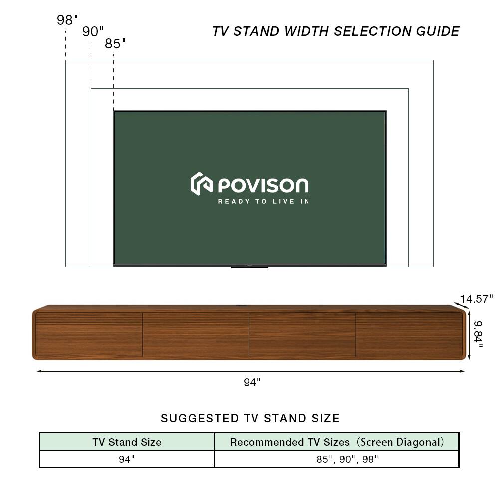 98" 90" 85" TV STAND WIDTH SELECTION GUIDE  
POVISION READY TO LIVE IN  
14.57" 9.84" 94"  
SUGGESTED TV STAND SIZE  
TV Stand Size 94"  
Recommended TV Sizes (Screen Diagonal) 85", 90", 98"