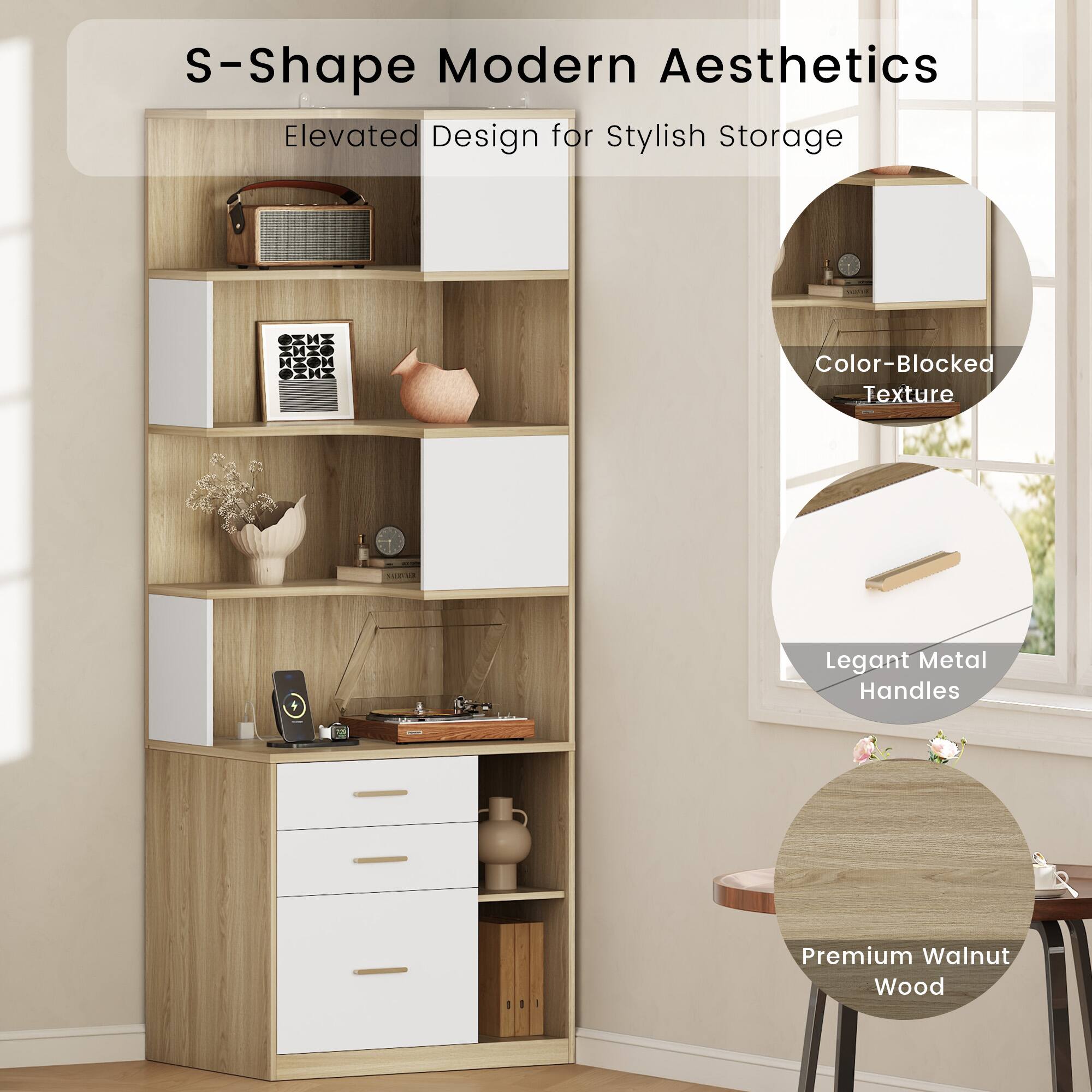S-Shape Modern Aesthetics  
Elevated Design for Stylish Storage  
Color-Blocked Texture  
Legant Metal Handles  
Premium Walnut Wood