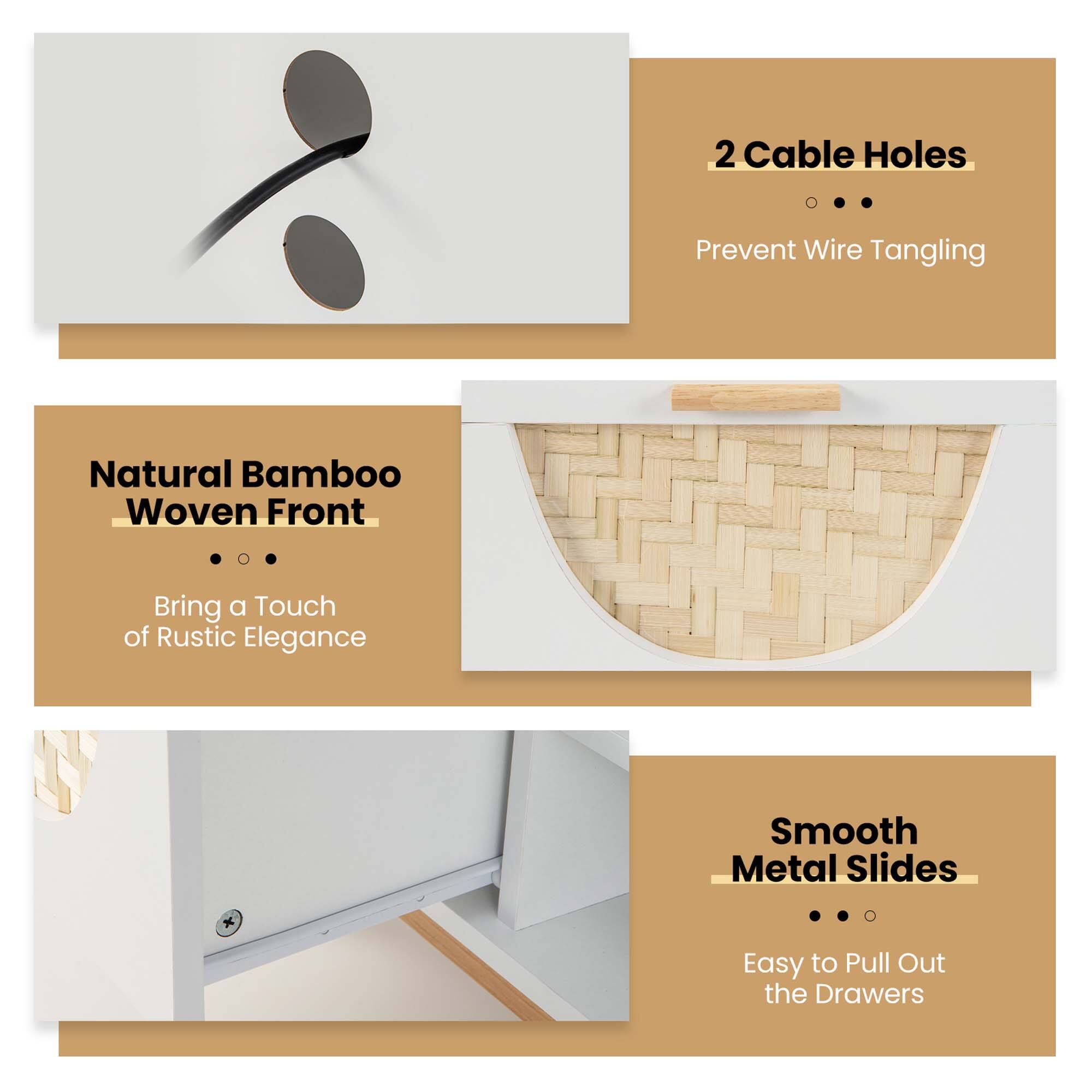 The text on the image is grouped and corrected as follows:

1. 2 Cable Holes Prevent Wire Tangling
2. Natural Bamboo Woven Front
3. Bring a Touch of Rustic Elegance
4. Smooth Metal Slides
5. Easy to Pull Out the Drawers