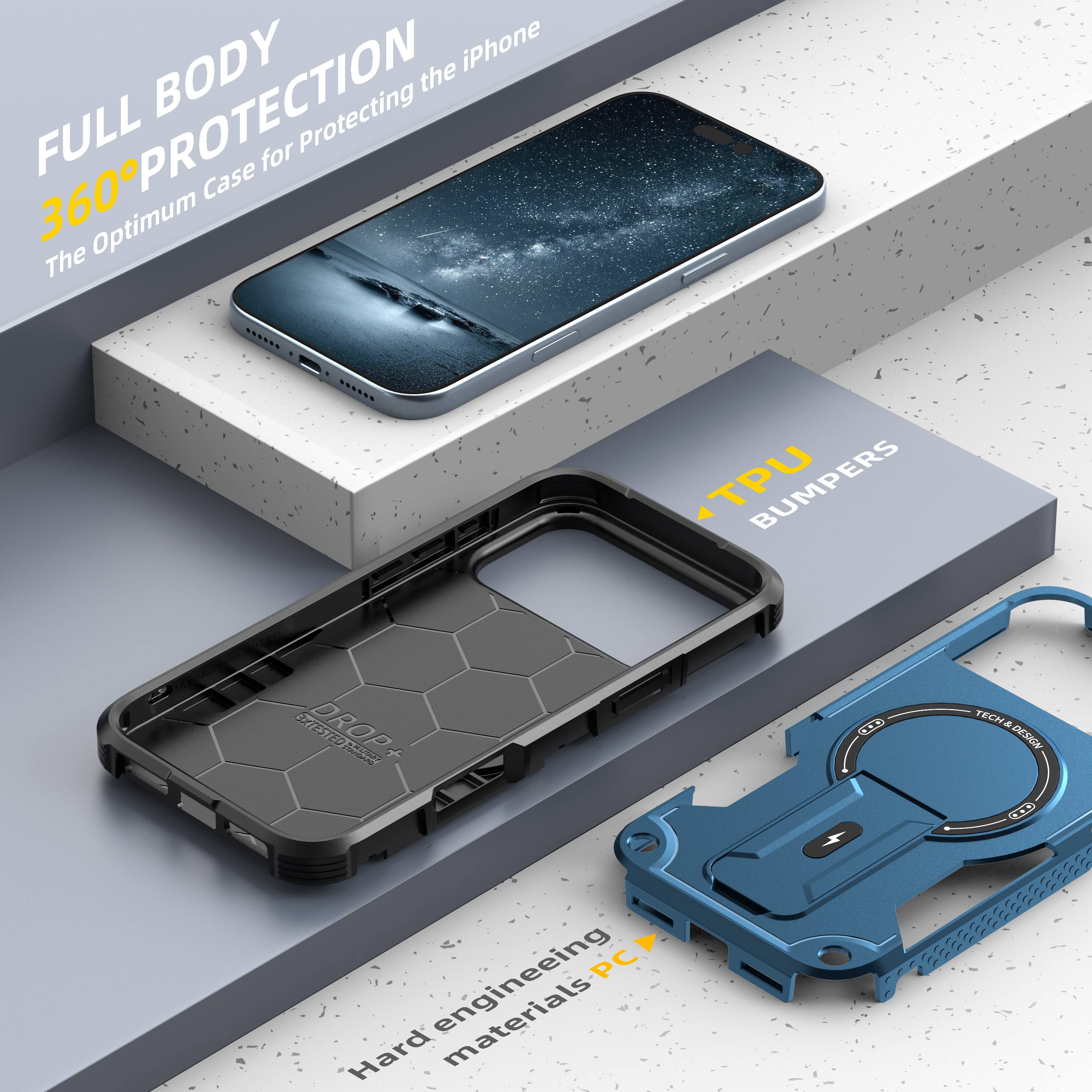 FULL BODY 360° PROTECTION  
The Optimum Case for Protecting the iPhone  

TPU BUMPERS  

Hard engineering materials PC  

TECH DESIGN