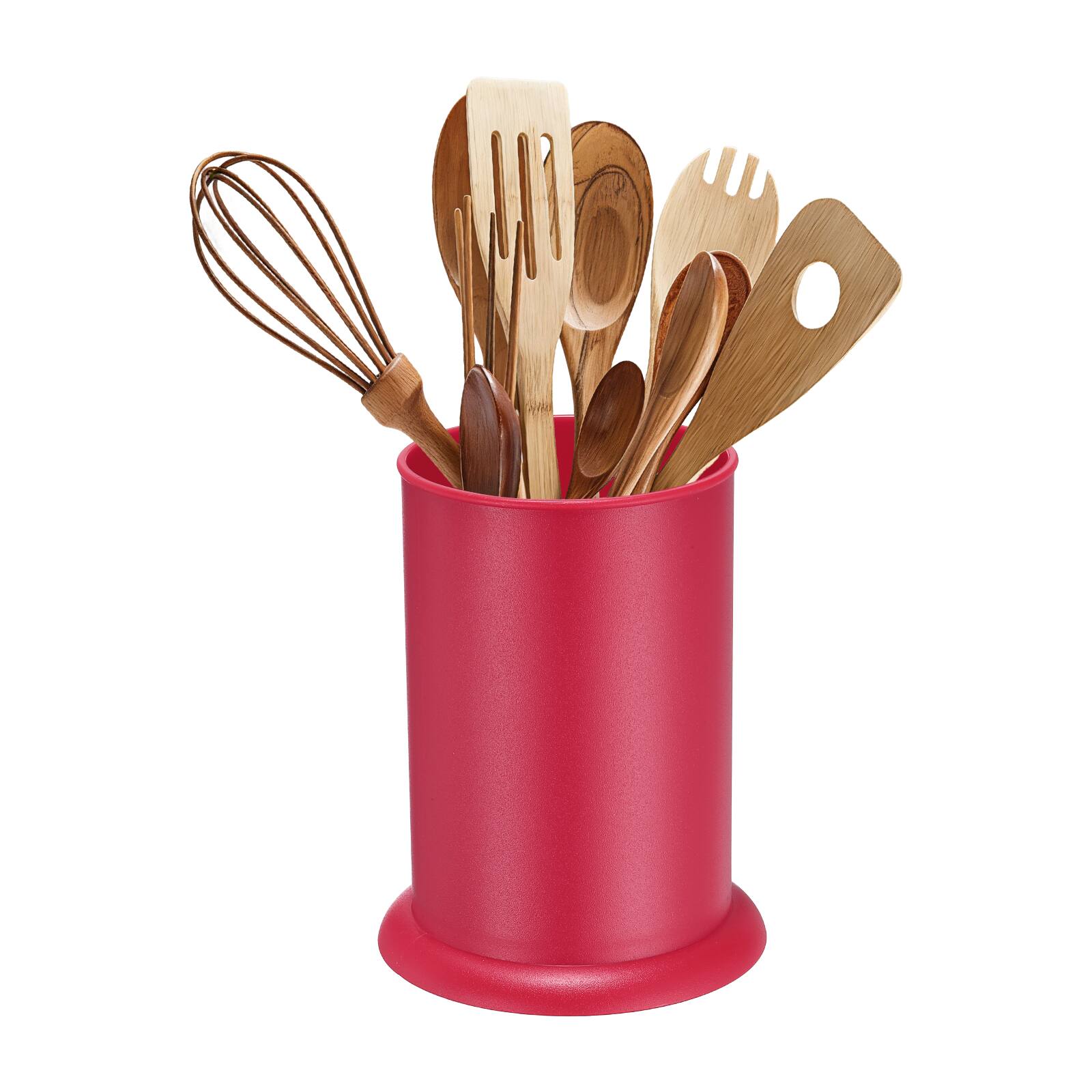 Front. Unique Bargains - Kitchen Utensil Holder, 5"x6.5" Round Plastic with Drain Hole for Straw Spoon Chopstick - Pink.