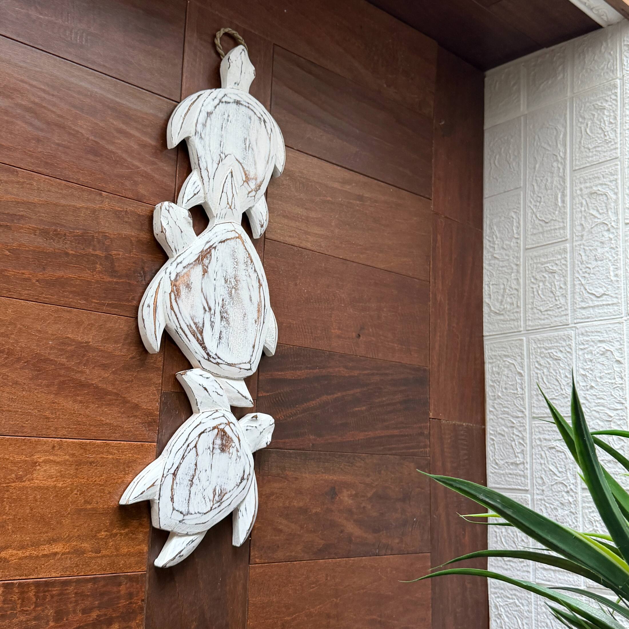 Alt View 4. Chesapeake Bay - Three Turtle Wood Wall Hanging Distressed White 24 Inch Coastal Nautical Decor - White.
