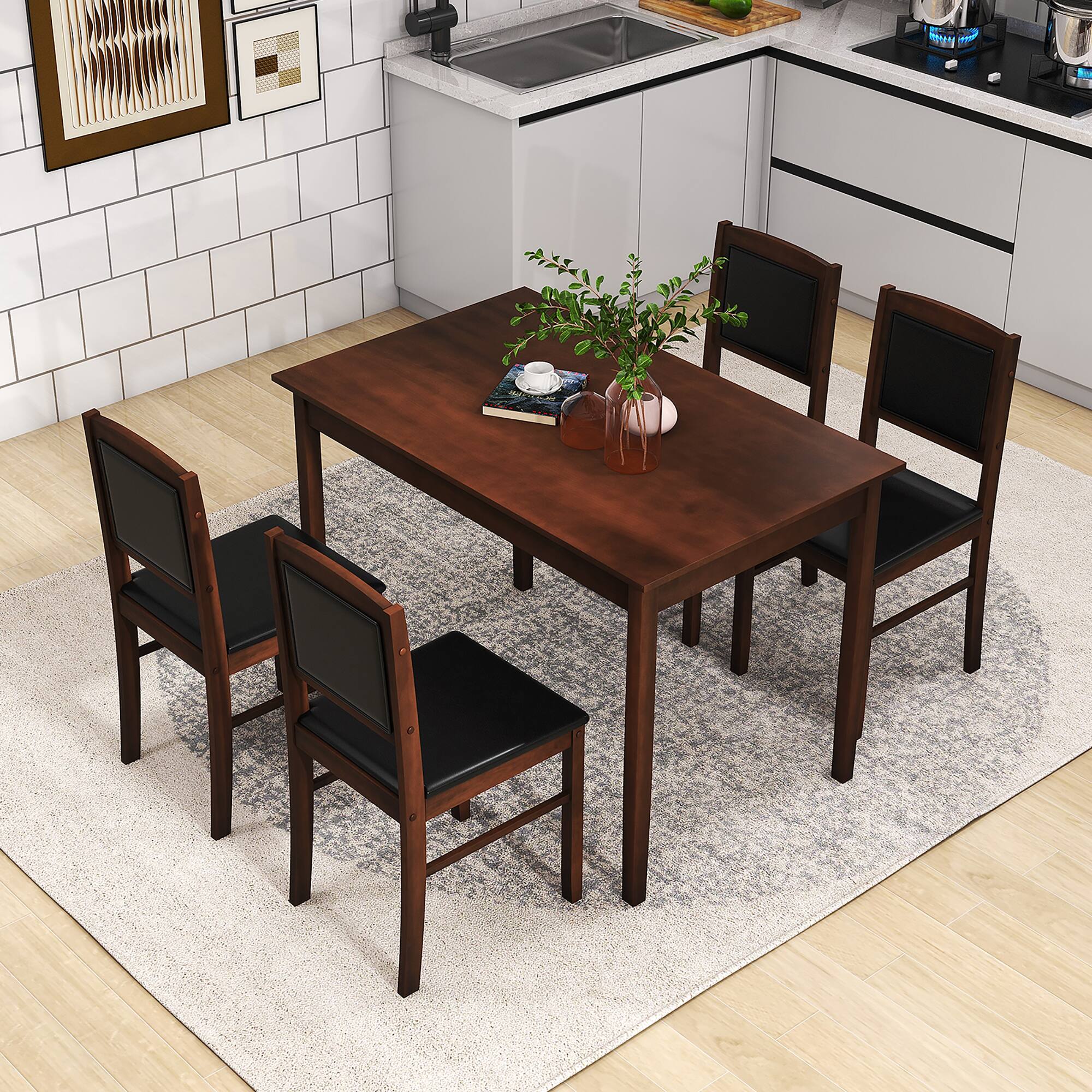 Alt View 3. Gymax - Gymax 5 PCS Dining Table Set for 4 w/Rubber Wood Legs Upholstered Seat Padded Backrest Brown - Brown.