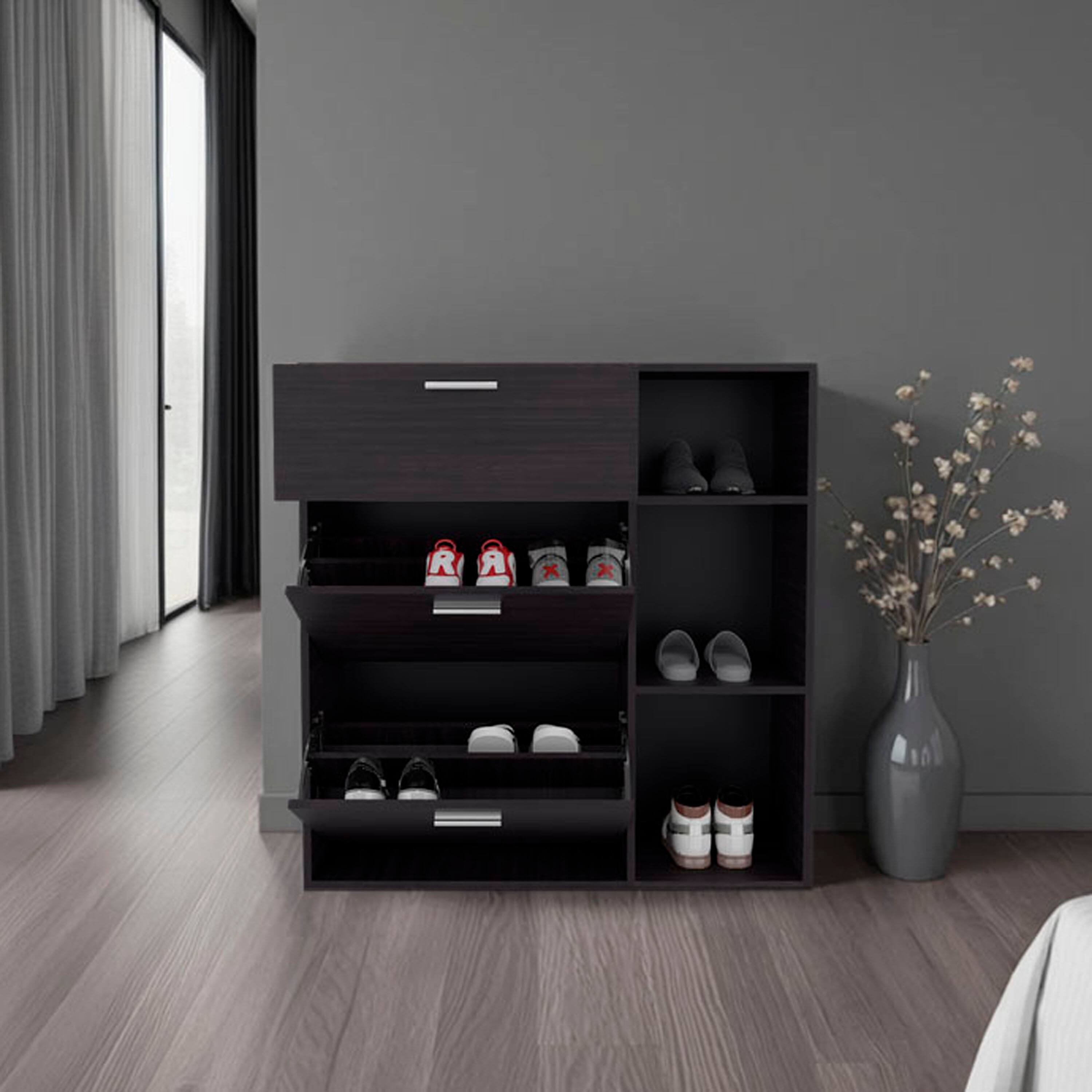 Angle. TinyHomie - Shoe Rack 39.6in H 2 Doors 1 Drawer 3 Shelves Black Wengue - Bedroom - Black.