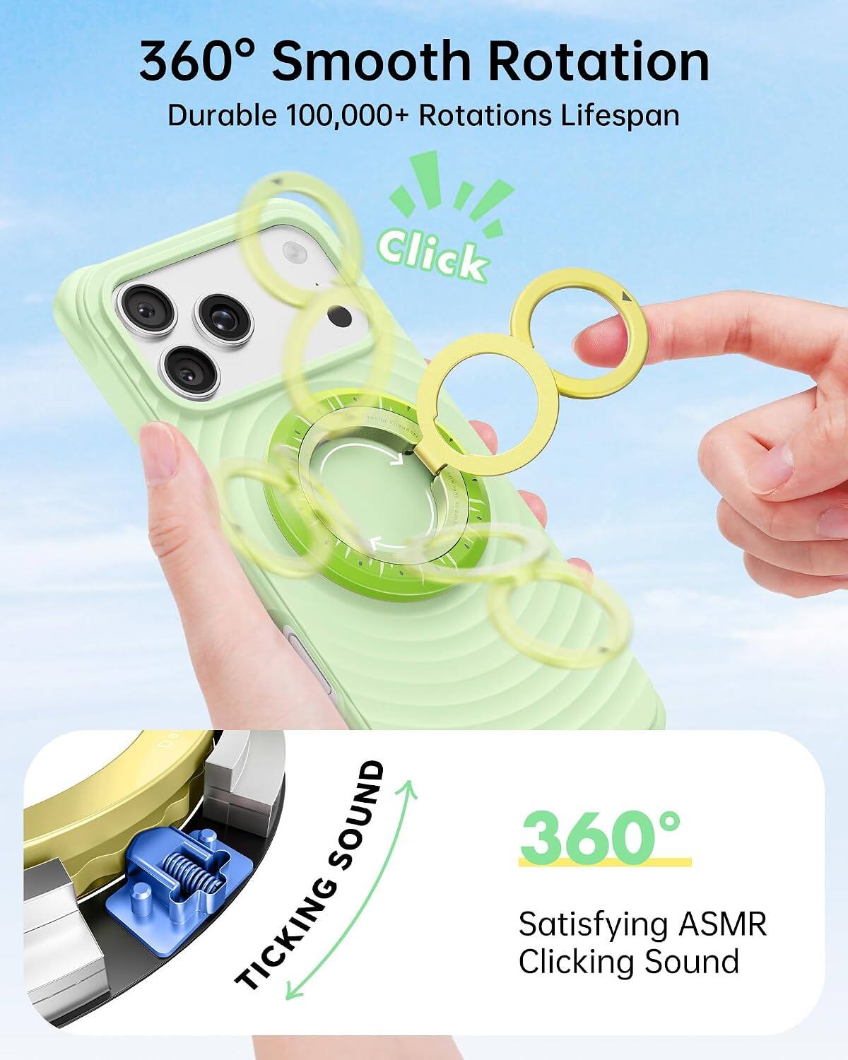 360° Smooth Rotation  
Durable 100,000+ Rotations Lifespan  

Click  
SOUND TICKING  
360° Satisfying ASMR Clicking Sound