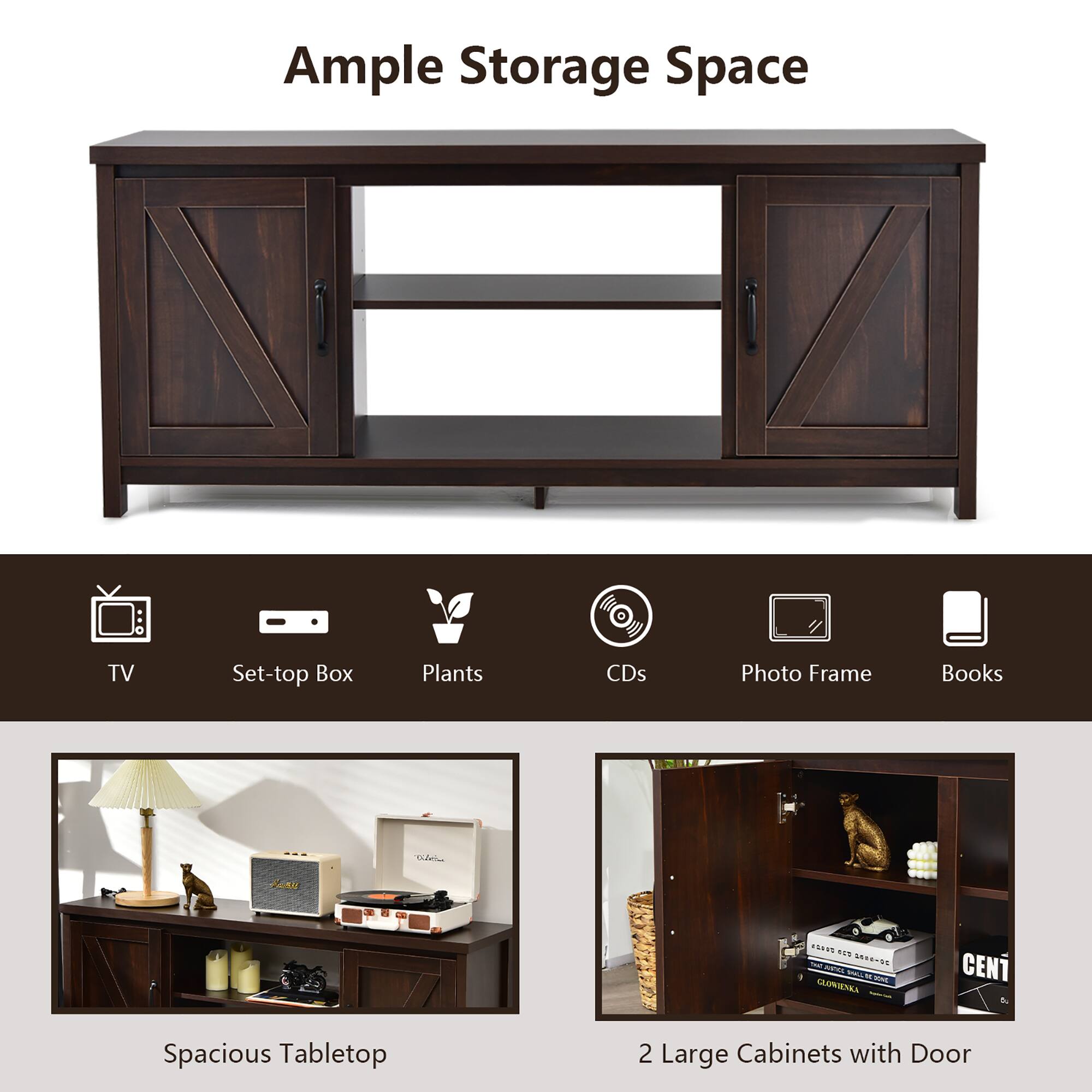 Ample Storage Space TV Set-top Box Plants CDs Photo Frame Books Spacious Tabletop 2 Large Cabinets with Door