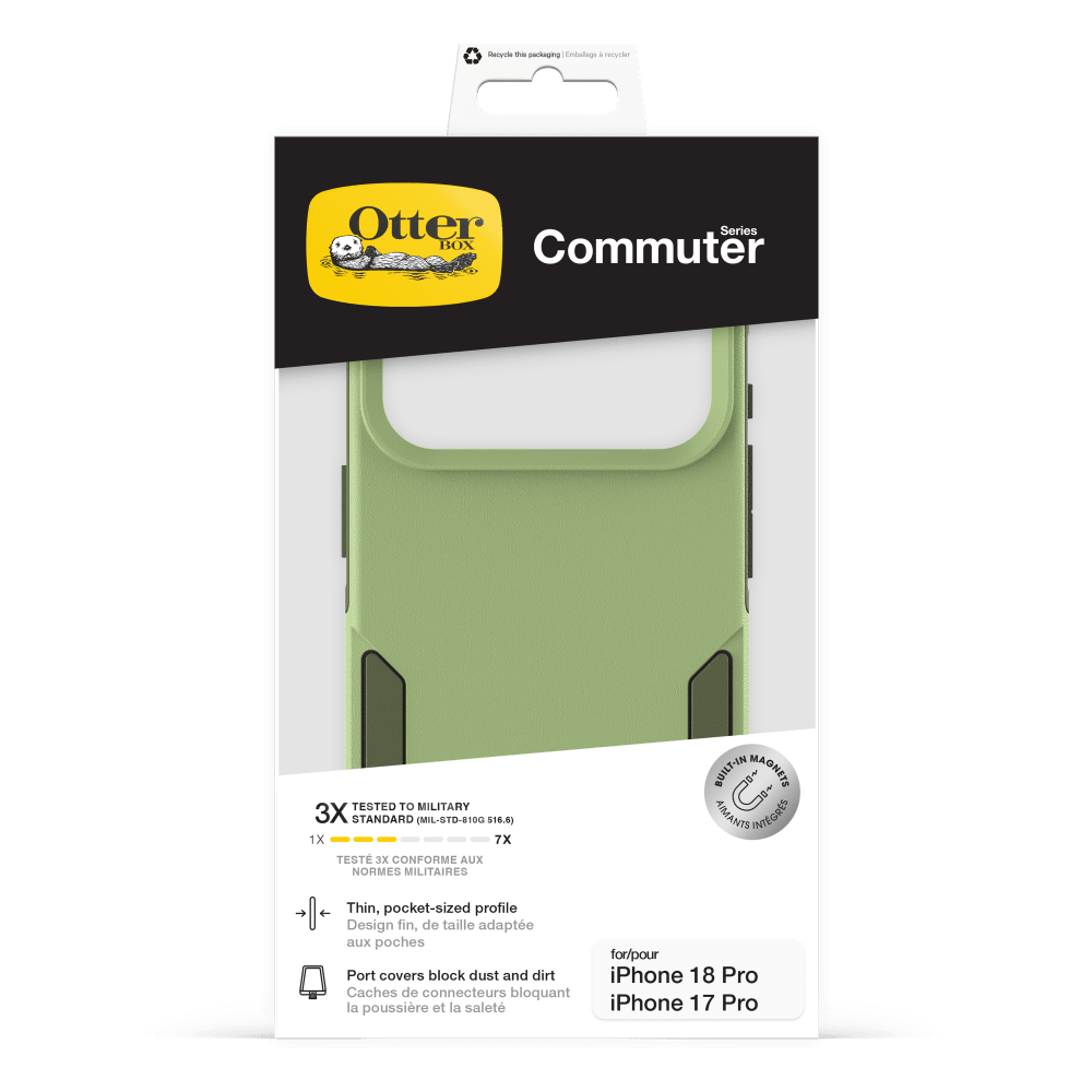 - Recycle the packaging
- Embalage recycler

- Otter Series BOX Commuter

- TESTED TO MILITARY 3X STANDARD MIL-STD-810G 516.6) 1X 7X TEST 3X CONFORME AUX NORMES MILITAIRES

- BUILT-IN MAGNETS AIMANTS INTÉGRÉS

- Thin, pocket-sized profile Design fin, de taille adaptée aux poches

- Port covers block dust and dirt Caches de connecteurs bloquant la poussière et la saleté

- for/pour iPhone 18 Pro iPhone 17 Pro