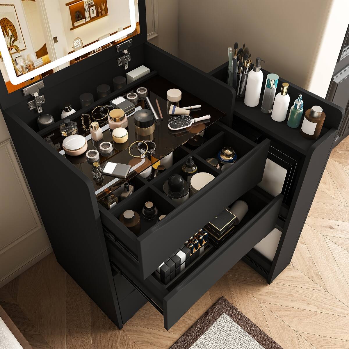 Alt View 8. Loheer - Loheer Flip Mirror Vanity Desk with Adjustable LED Lights, Hidden Storage and Stool, Black - Black.