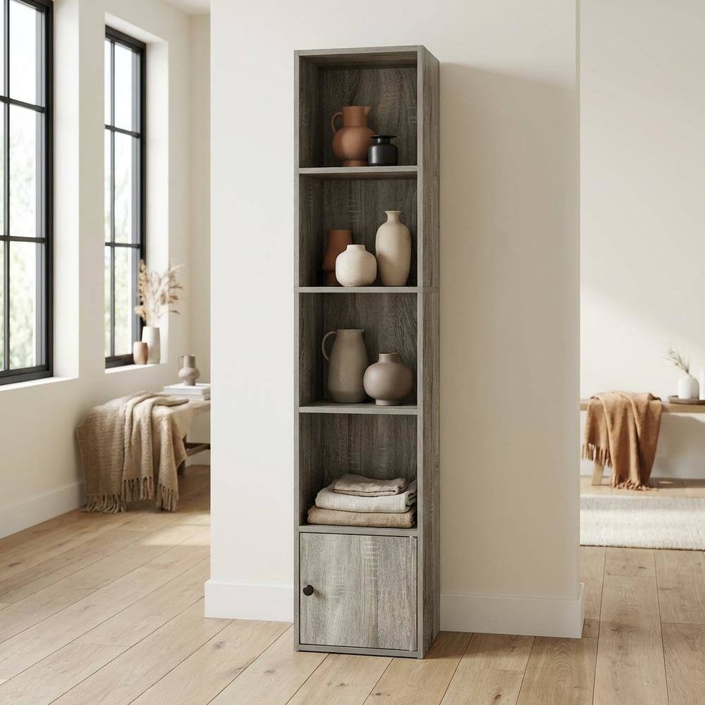 Left. FurniFact - 5-Tier Shelf Bookcase with Door Storage Cabinet for Living Room - French Oak.