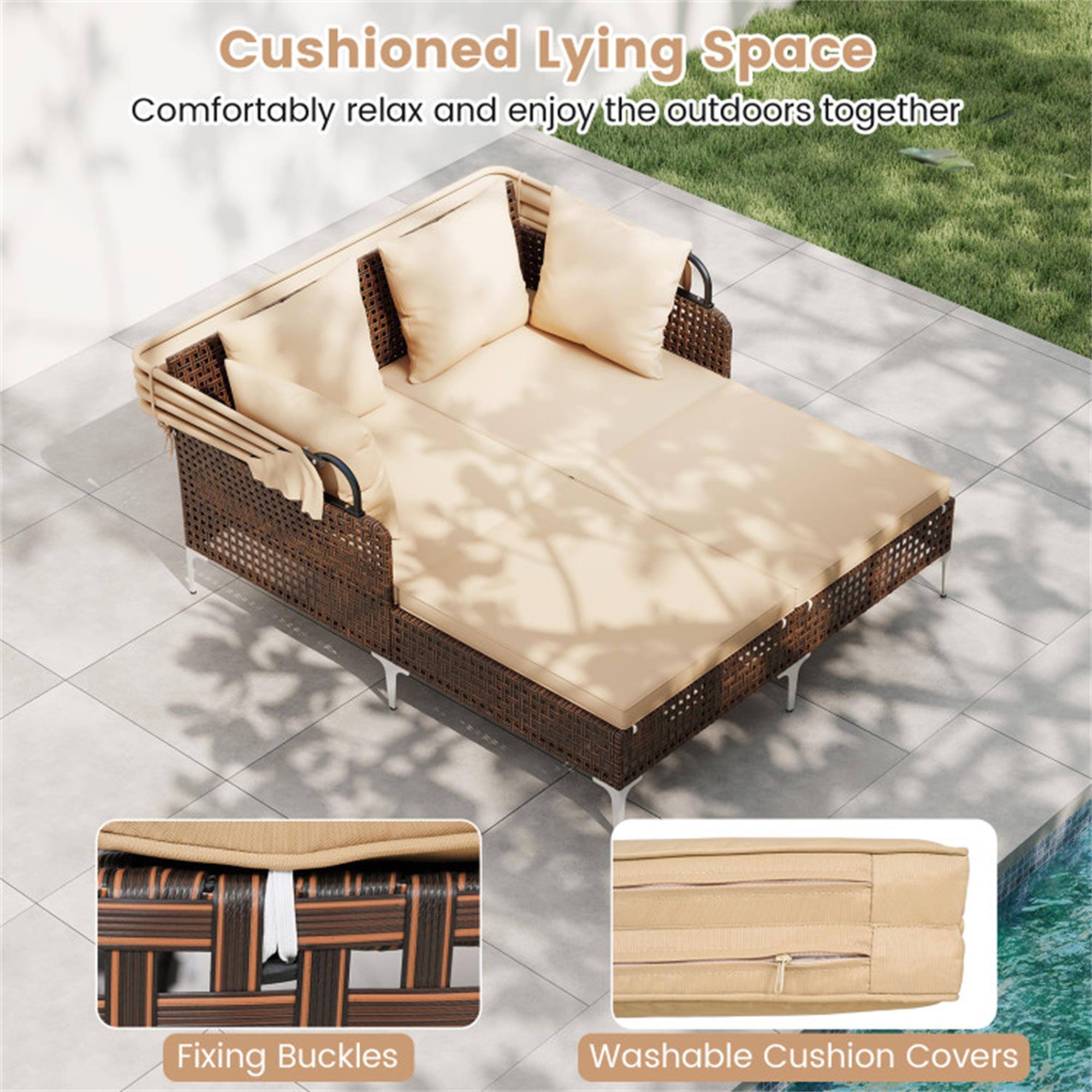 Cushioned Lying Space  
Comfortably relax and enjoy the outdoors together  

Fixing Buckles  
Washable Cushion Covers