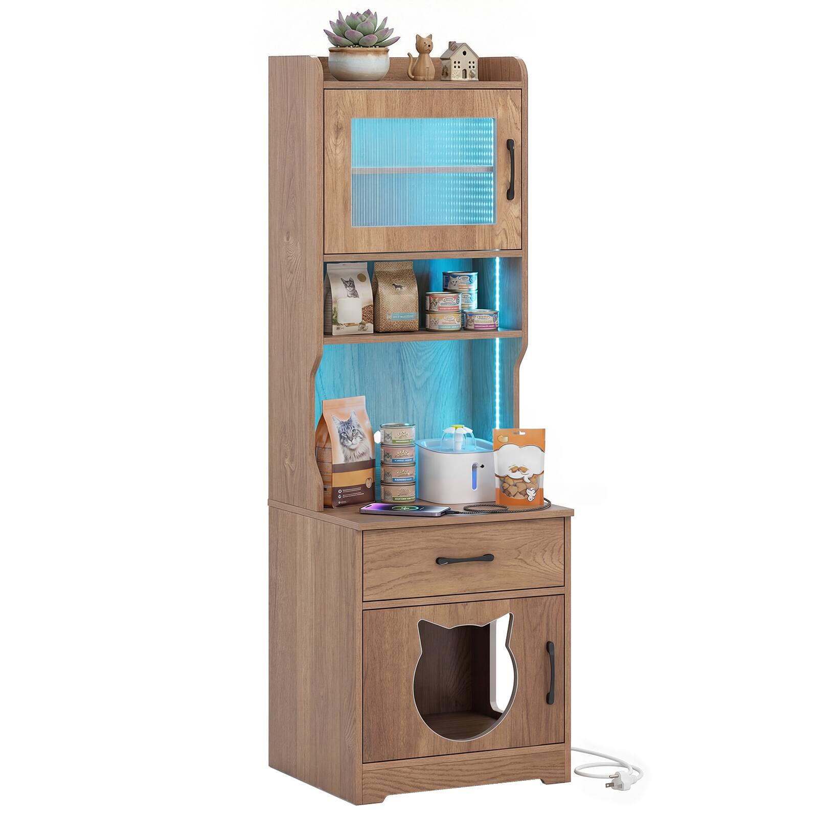 Alt View 9. Costway - Costway Cat Litter Box Enclosure with Adjustable LED Light Storage Shelves Charging Station - Natural + White.