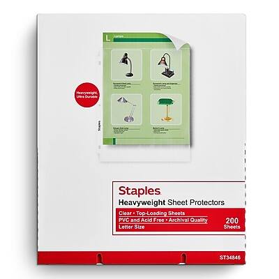 Staples  
Heavyweight Sheet Protectors  
Clear, Top-Loading Sheets  
PVC and Acid Free - Archival Quality  
Letter Size  
200 Sheets  
ST34846