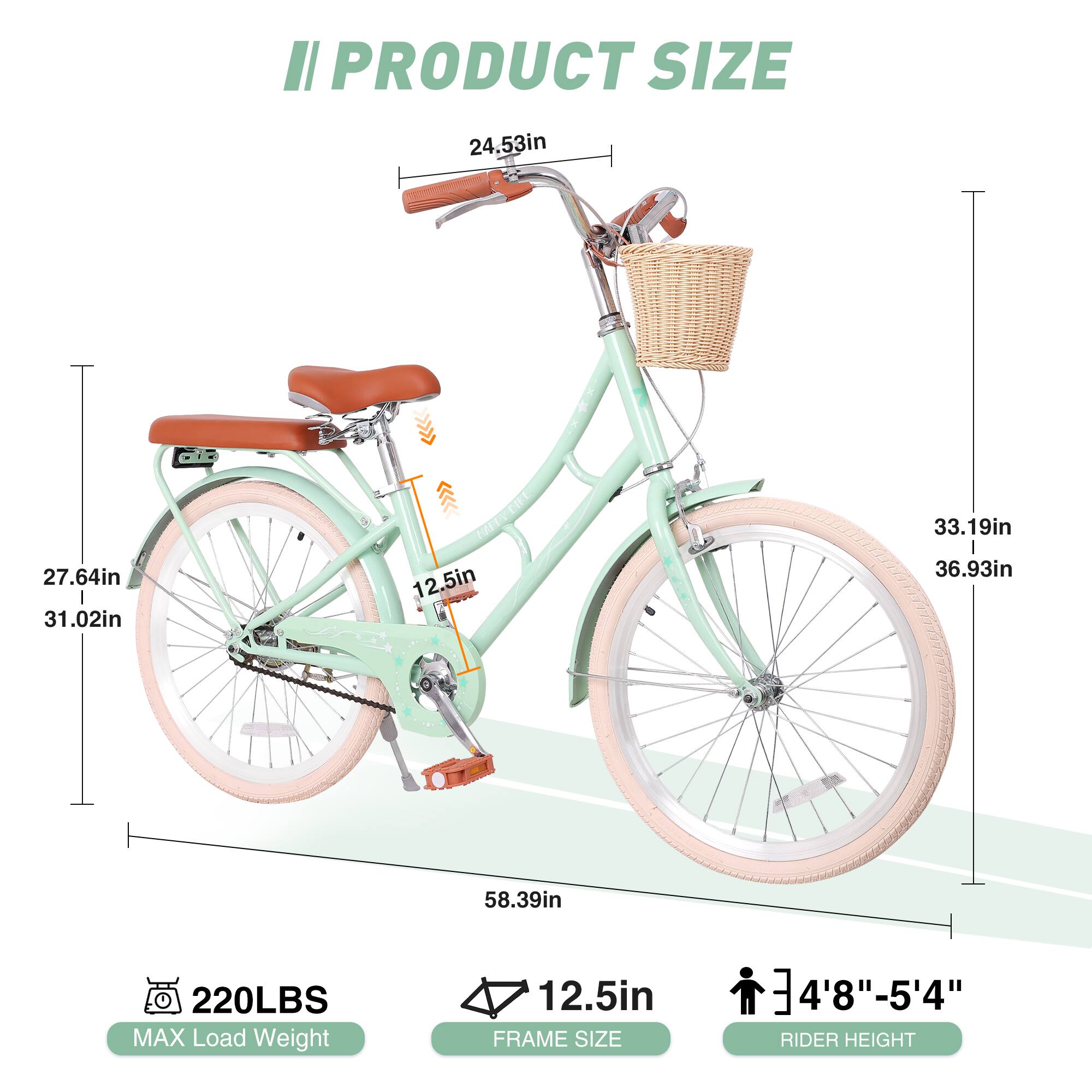 PRODUCT SIZE  
24.53in  
27.64in  
31.02in  
33.19in  
36.93in  
58.39in  

MAX Load Weight  
220LBS  

FRAME SIZE  
12.5in  

RIDER HEIGHT  
4'8" - 5'4"