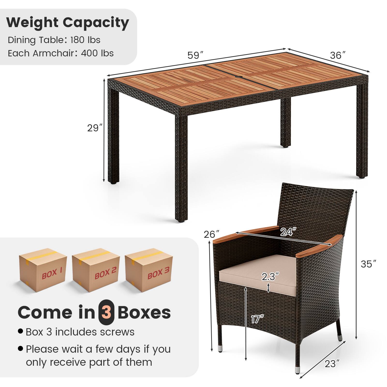 Weight Capacity: Dining Table: 180 lbs, Each Armchair: 400 lbs

Dimensions: 59" x 36" x 29"

Material: Wood

Come in 3 Boxes: Box 1, Box 2, Box 3

Box 3 includes screws

Please wait a few days if you only receive part of them.