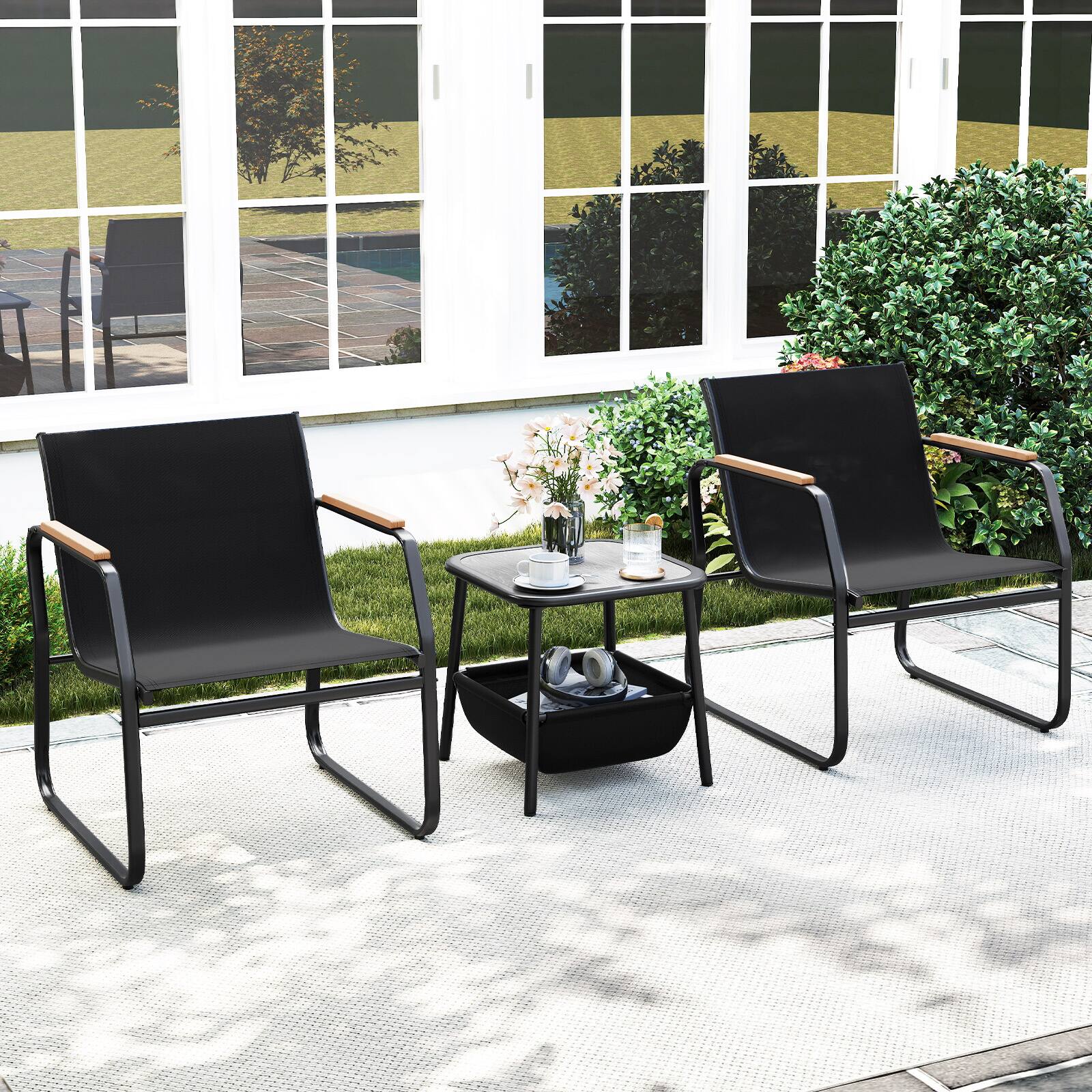 Alt View 4. Gymax - Gymax 3 PCS Patio Furniture Set w/ Breathable Mesh Fabric & Metal Frame Garden - Black.