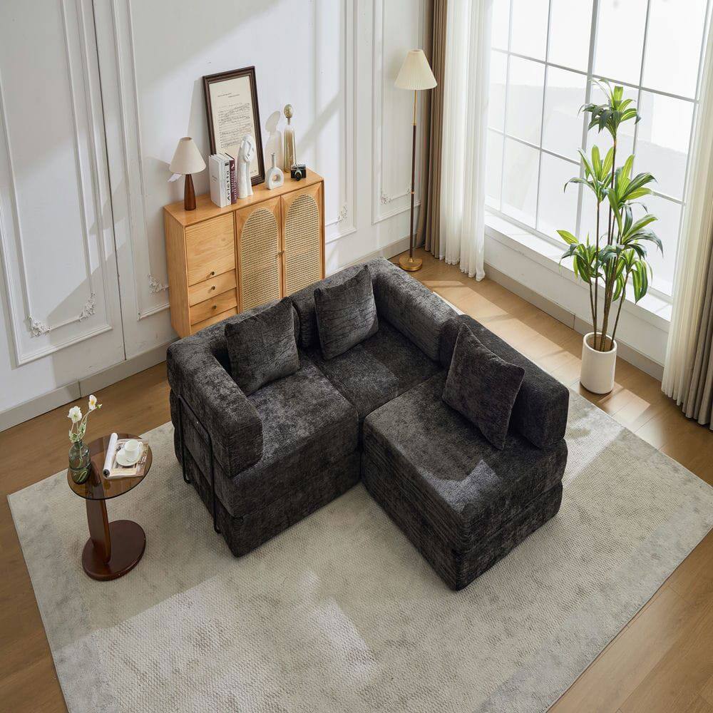 Alt View 8. Kadyn - Convertible Floor Sofa Bed, Boneless Chenille Sectional with Fixed Support Frame - No Assembly Required, Black - Black.