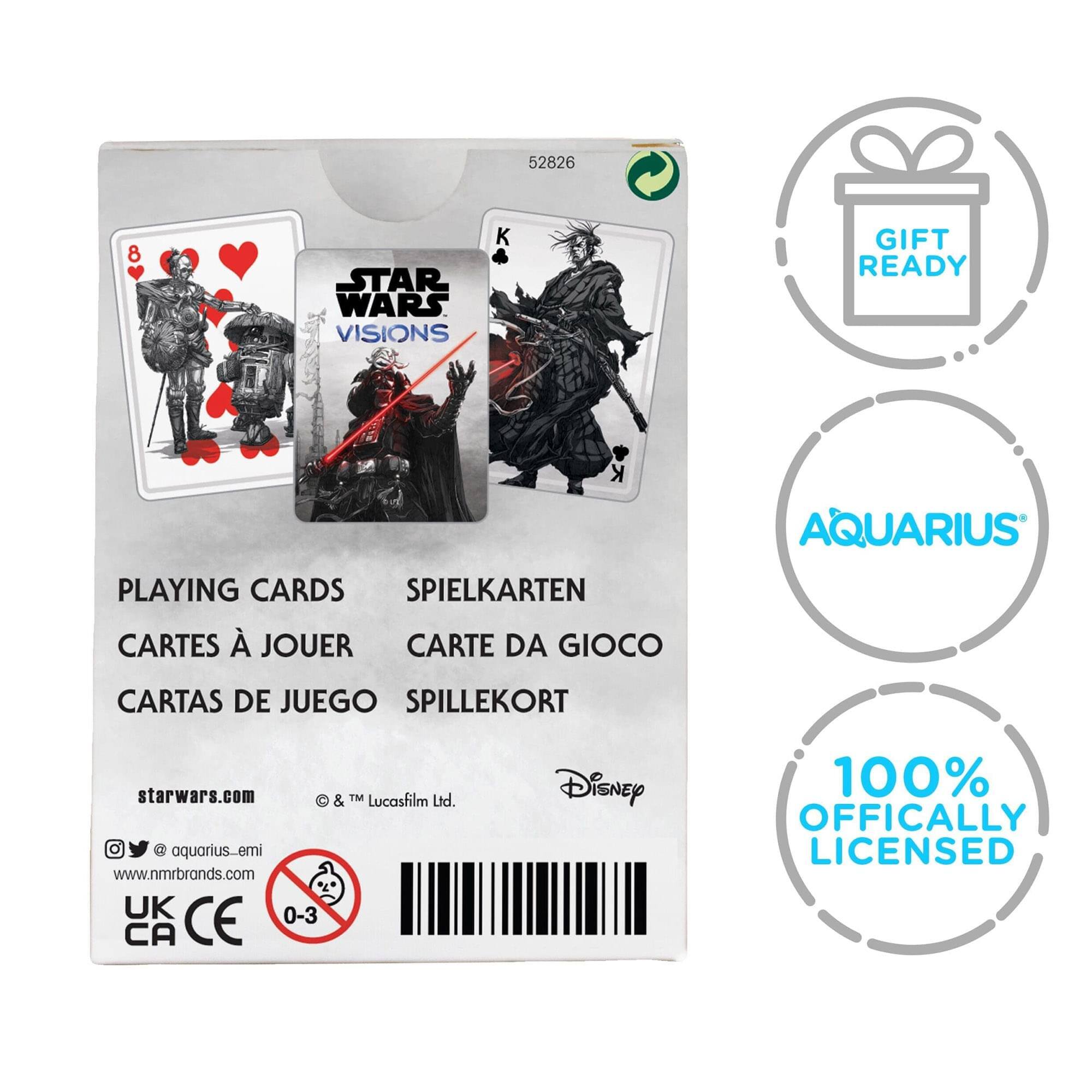 52826  
STAR WARS VISIONS  
K GIFT READY  
PLAYING CARDS  
SPIELKARTEN  
CARTES À JOUER  
CARTAS DE JUEGO  
SPILLEKORT  

AQUARIUS  
100% OFFICIALLY LICENSED  

starwars.com  
&™ Lucasfilm Ltd.  
Disney  

UK CA CE  
0-3  

www.nmrbrands.com  
aquarius_emi