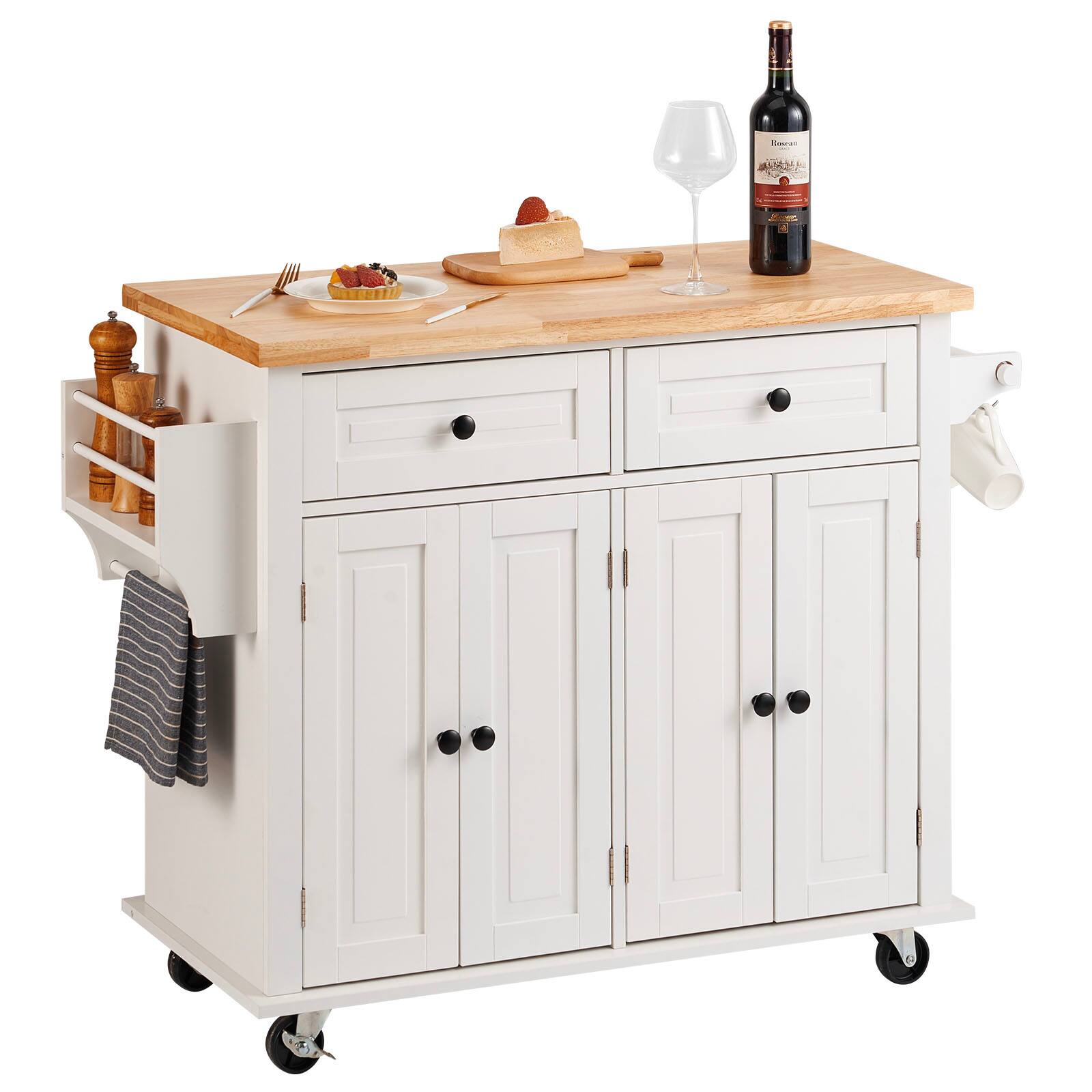 VEVOR - Kitchen Island Cart with Solid Wood Top, 35.4" Width Mobile Carts with Storage Cabinet, Table with Spice Rack,Towel Rack - White