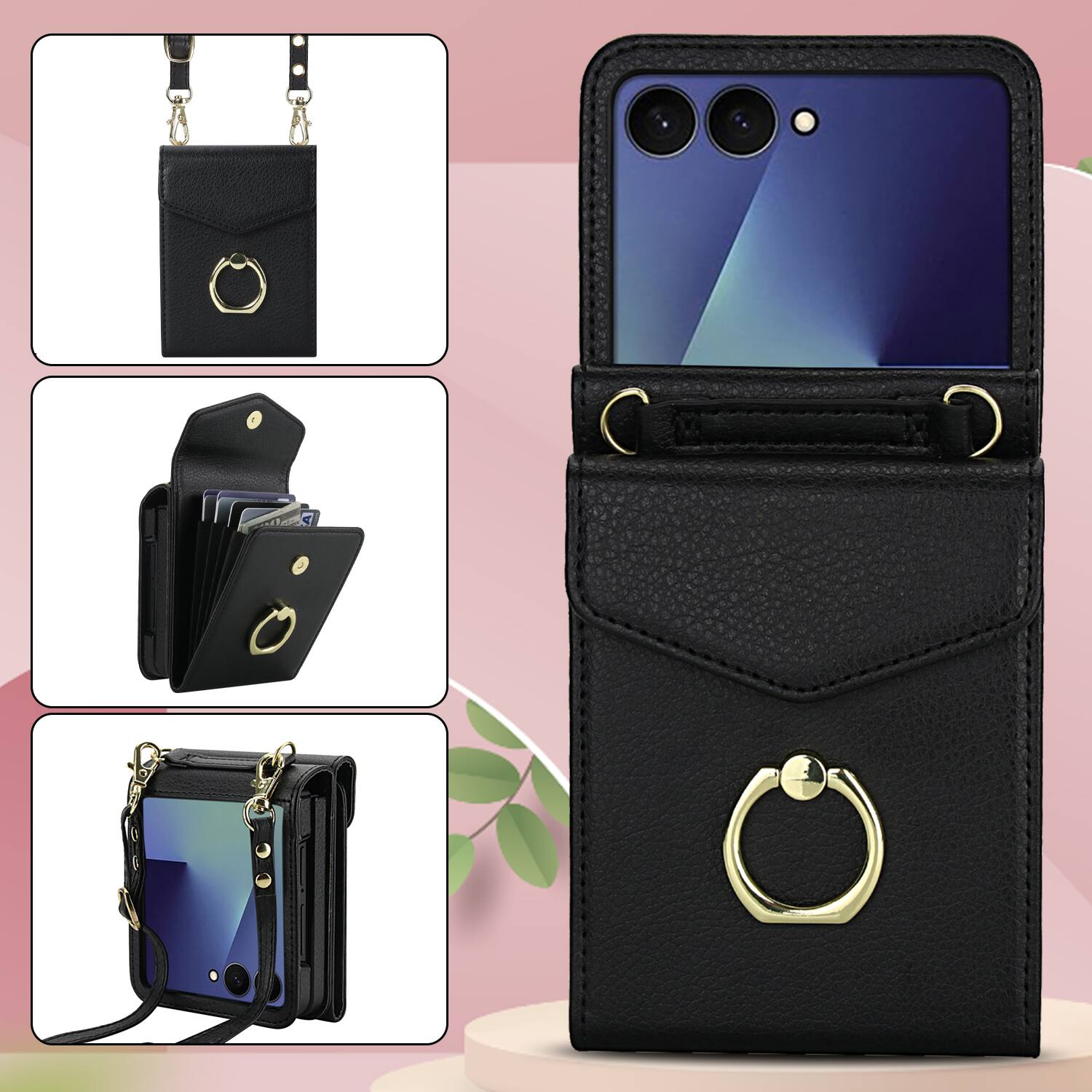 Alt View 5. Dteck - Wallet Case for Samsung Galaxy Z Flip7, Crossbody Ring Stand Faux Leather Cover with RFID Blocking Card Holder+Strap - Black.