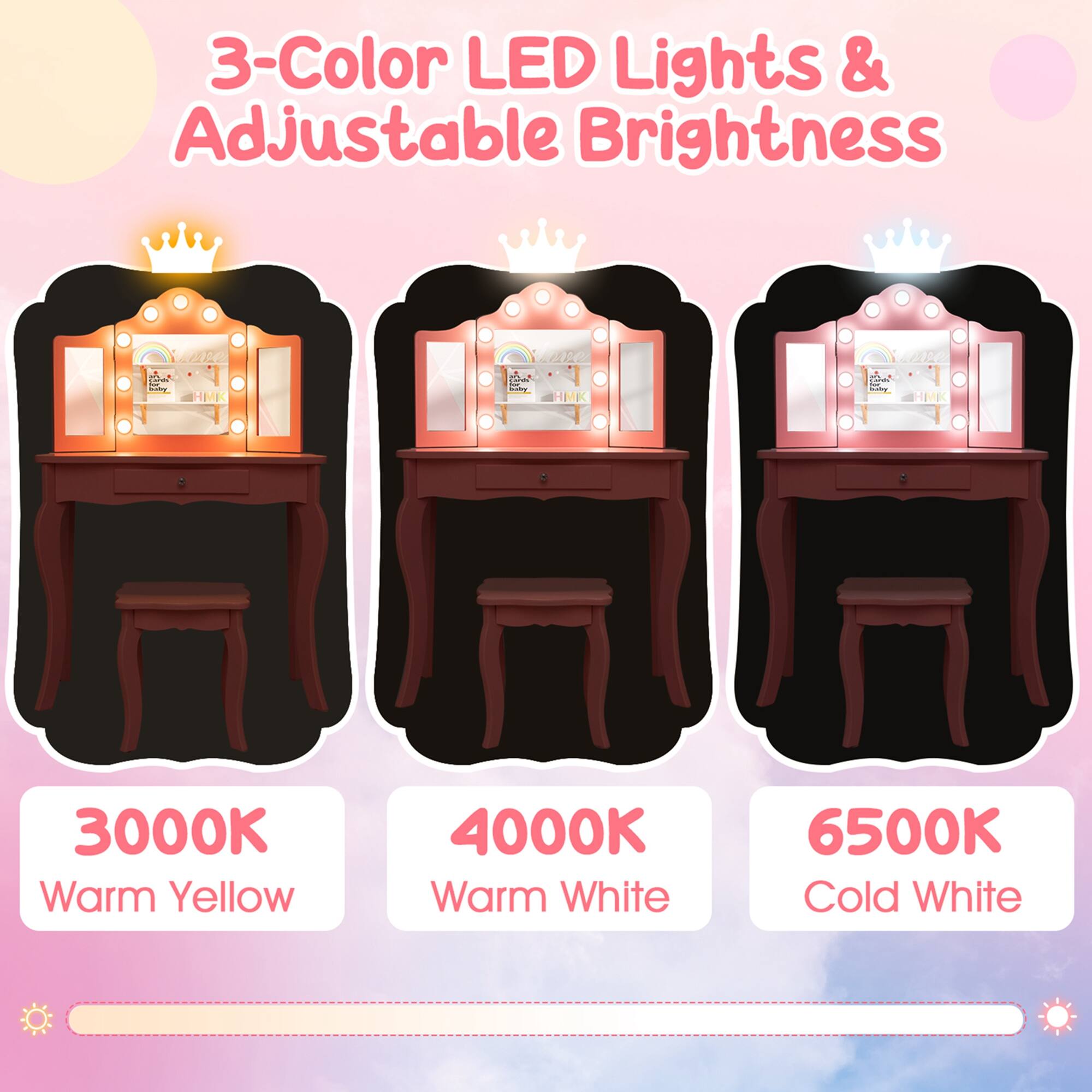 3-Color LED Lights & Adjustable Brightness: 3000K Warm Yellow, 4000K Warm White, 6500K Cold White.
