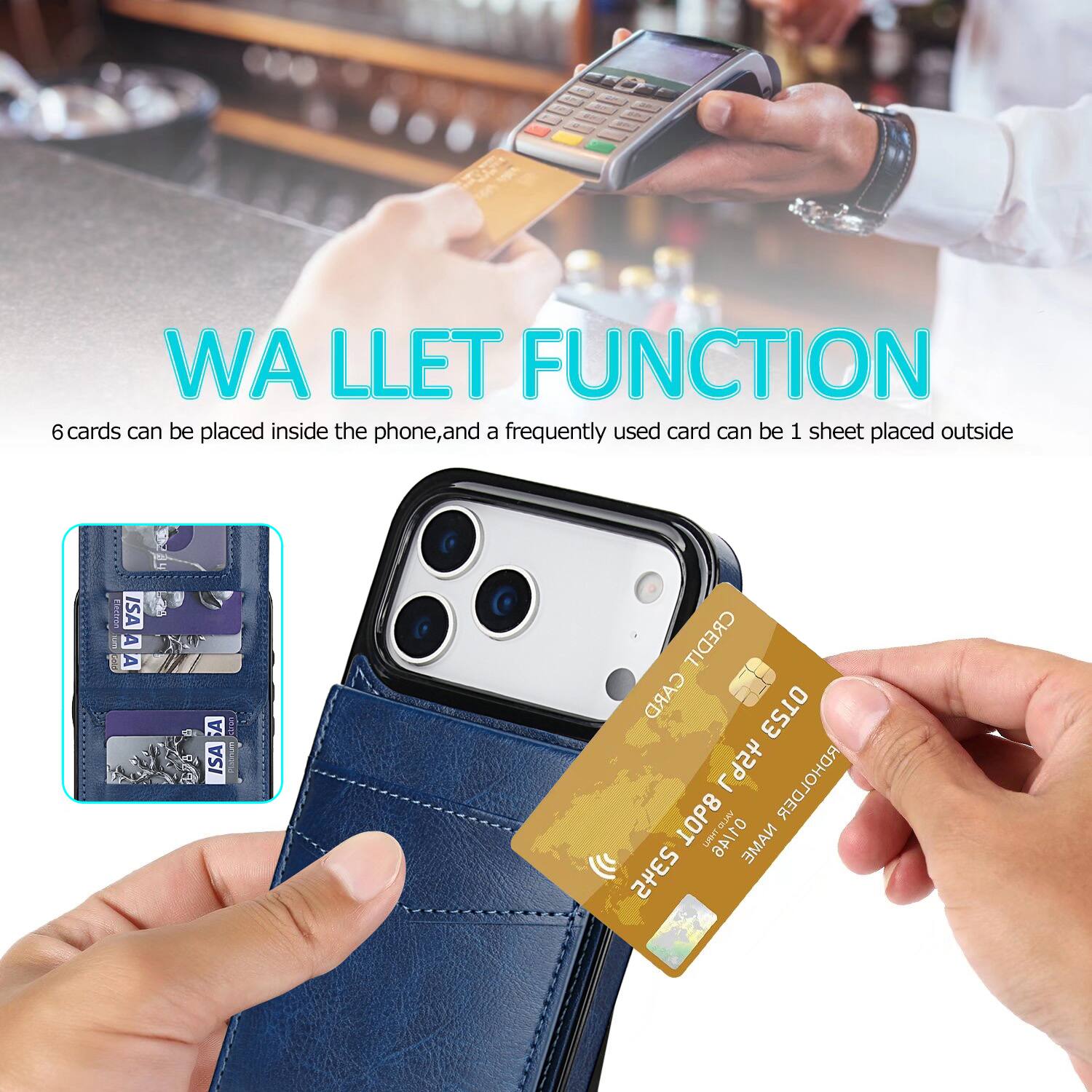 WA LLET FUNCTION  
6 cards can be placed inside the phone, and a frequently used card can be 1 sheet placed outside  
ISA A A A  
ISA CREDIT CARD  
OT53 L9St RDHOLDER  
1OP8 Tn LMHT  
ANTID NAME  
2345