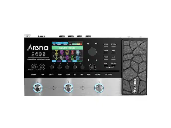 SPM CHIA C 3 120 Recerb Sererbs OUT Arena 01A HI THERE 0 2000 MP Fa AMP A tH Amp Modelling J Multi effects Processor - T A .e OT VOLUM LA e Leayy D ts funtion STORE SYSTEM DRUM EXP TUNER LOOP CTRL OUTPUT UTPUS ... COMP A FXA DRIVE AMP BANK DOWN CAB B EQ NG BANK UP FXB DELAY C REVERB DONNER