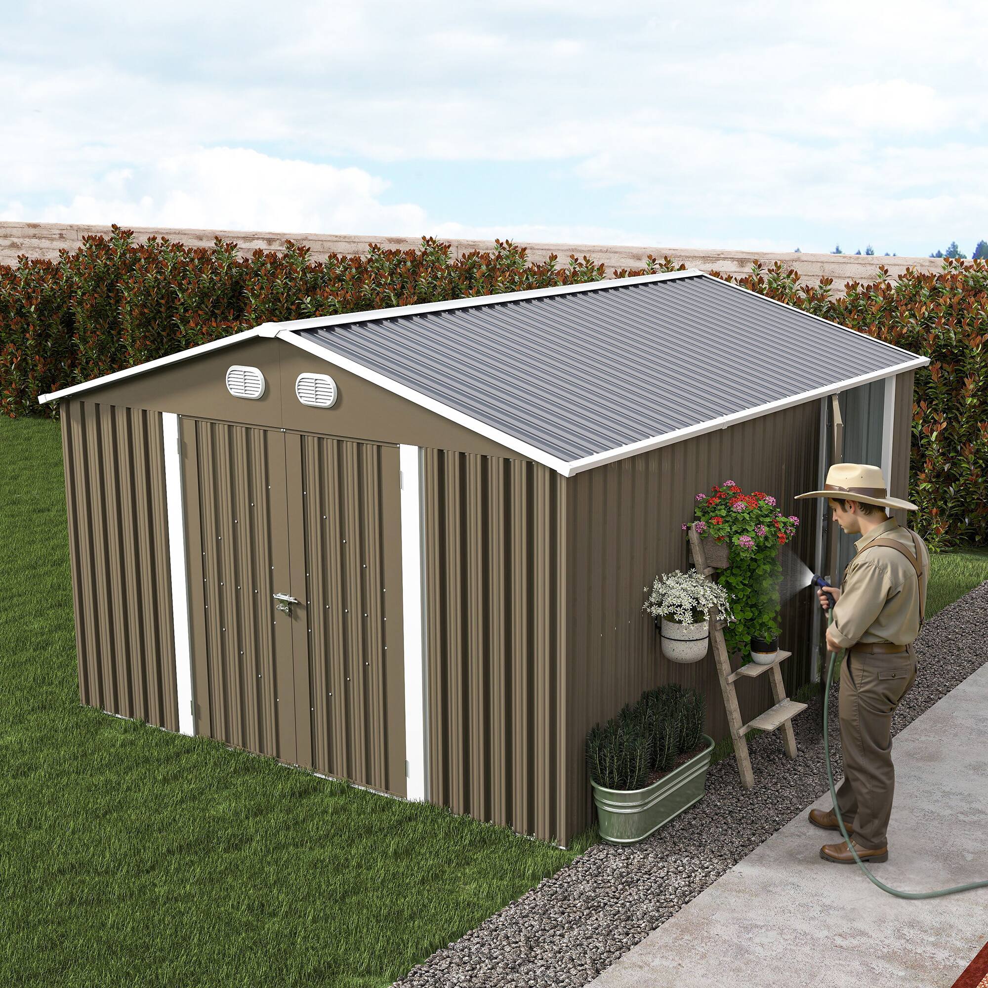 Left. Anysun - 10x12 FT Outdoor Metal Storage Shed – Large Storage Shed with Sturdy Frame, Lockable Door, Garden Tool Shed - Coffee.
