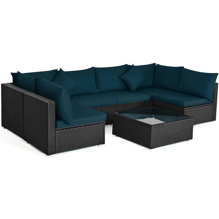 Alt View 2. Mondawe - 7-Piece Sectional Wicker Sofa Set w/ Tempered Glass Table, Outdoor Patio Conversation Set with Cushions - Dark Green.