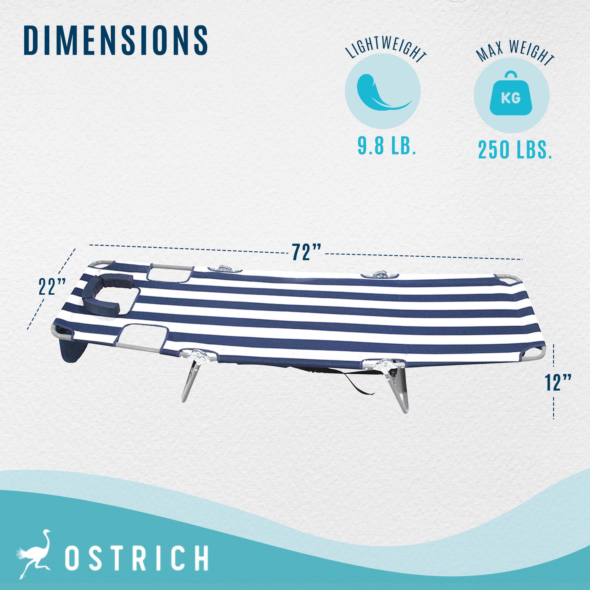 DIMENSIONS  
LIGHTWEIGHT 9.8 LB.  
MAX WEIGHT 250 LBS.  
72" 22" 12"  
OSTRICH