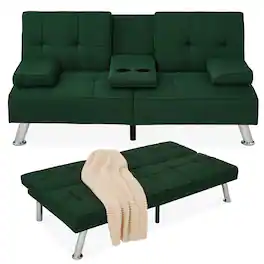 Best Choice Products - Modern Linen Convertible Futon Sofa Bed w/ Removable Armrests, Metal Legs, Cupholders - Dark Green