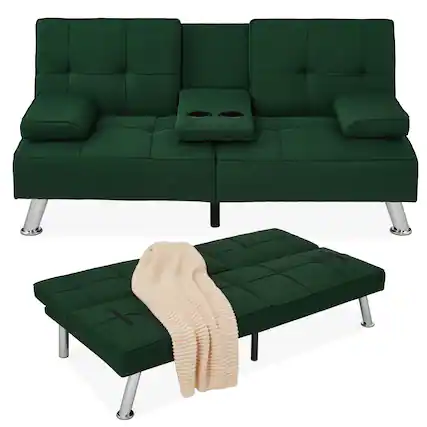 Front. Best Choice Products - Best Choice Products Modern Linen Convertible Futon Sofa Bed w/ Removable Armrests, Metal Legs, Cupholders - Dark Green - Dark Green.