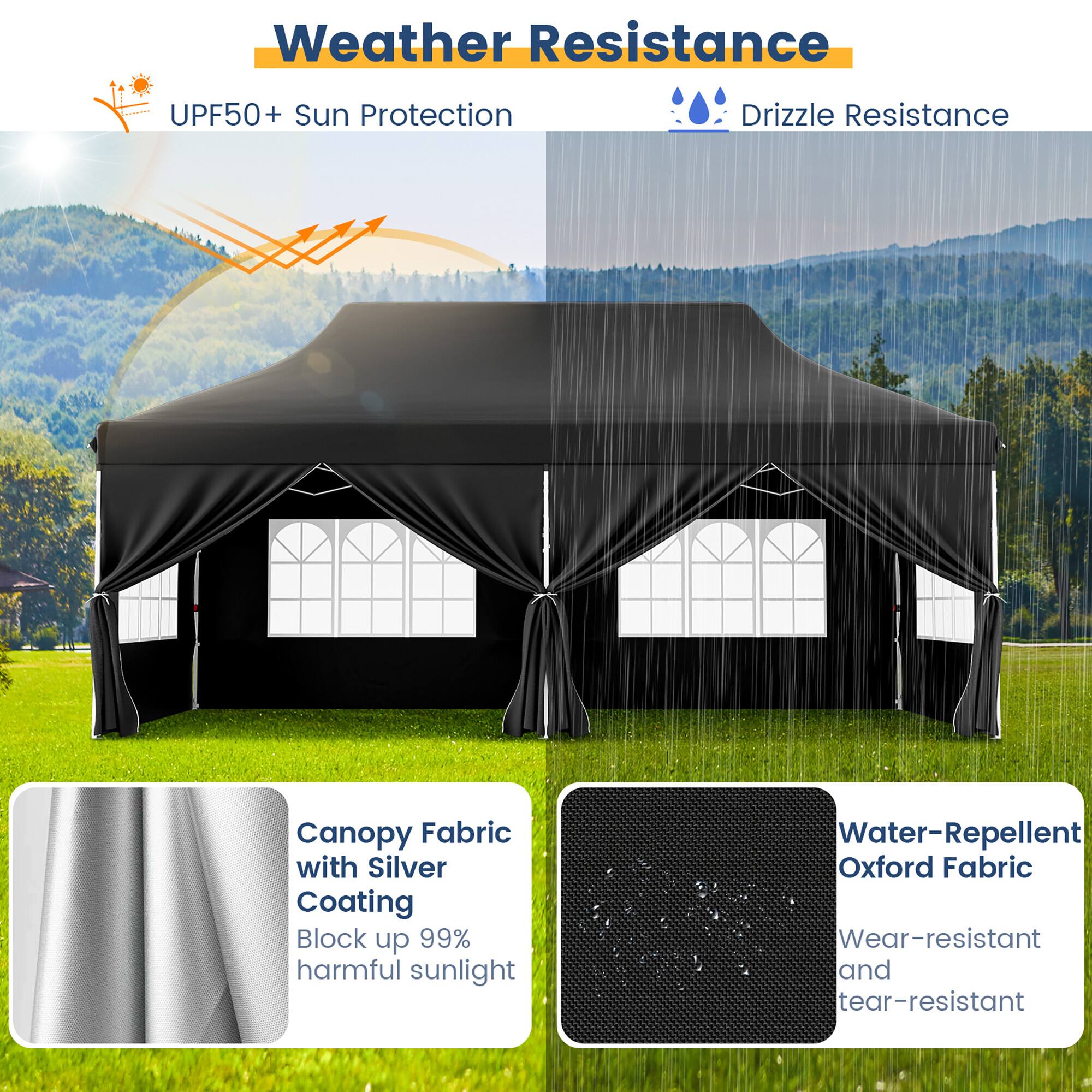 Weather Resistance: UPF50+ Sun Protection, Drizzle Resistance

Canopy Fabric with Silver Coating: Blocks up to 99% harmful sunlight

Water-Repellent Oxford Fabric: Wear-resistant and tear-resistant