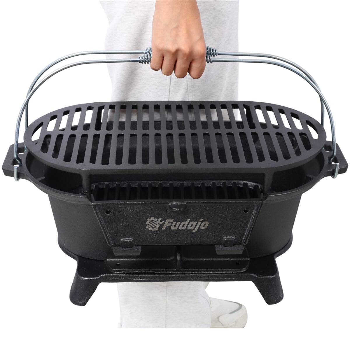 Alt View 2. HTUTWOO - Oval Cast Iron Grill Outdoor - Portable Charcoal Grill and Tabletop Skillet,100% Cast Iron,Small BBQ Grill,Camping Stove - Black.