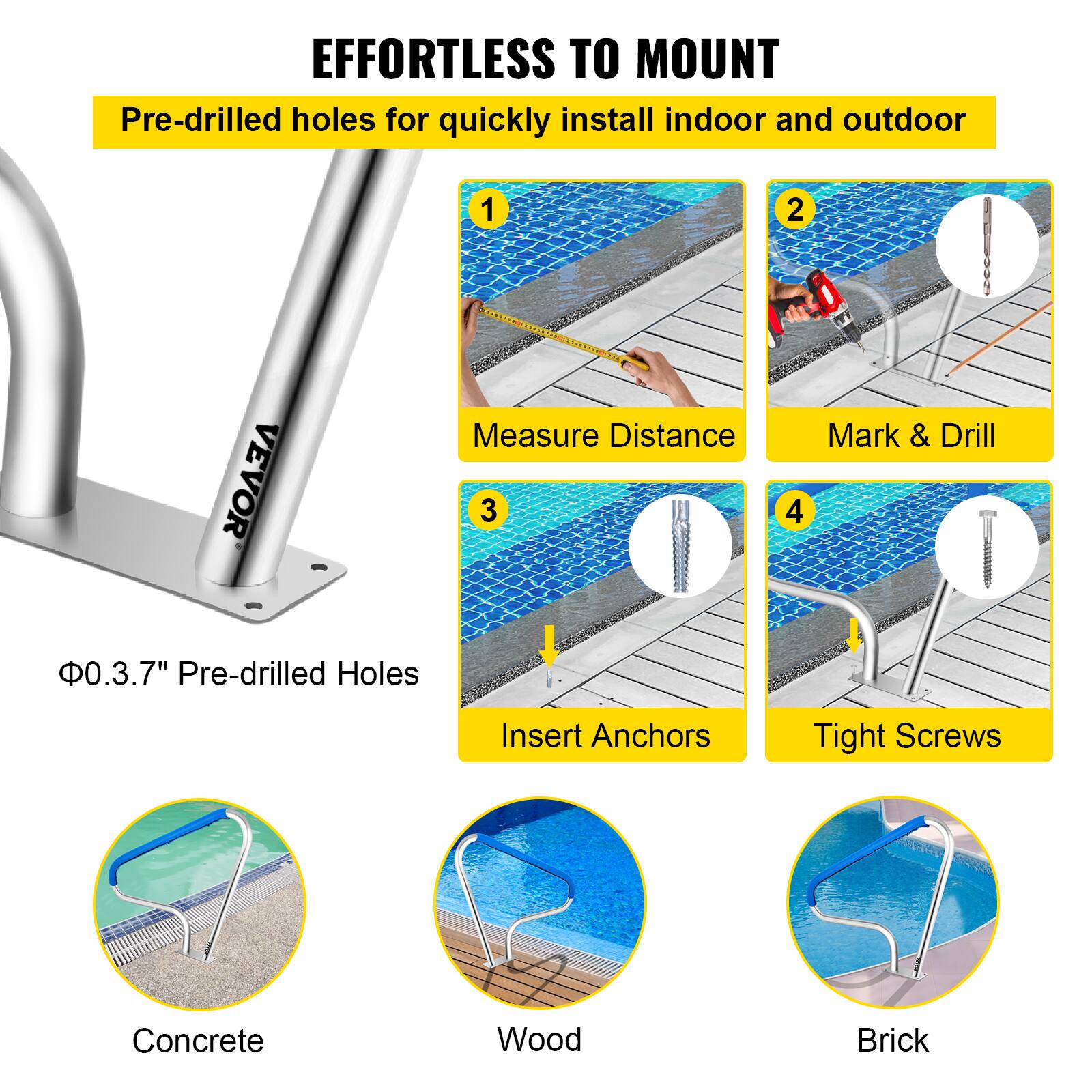 **EFFORTLESS TO MOUNT**

Pre-drilled holes for quickly install indoor and outdoor

1. Measure Distance
2. Mark & Drill
3. Insert Anchors
4. Tight Screws

Φ0.3.7" Pre-drilled Holes

Concrete  
Wood  
Brick