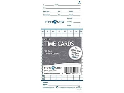 Pyramid Time Systems - Pyramid Time Cards for 2600, 2650, 2650Pro, 6200 and 6400 Time Clocks, 100/Pack (42415) - White