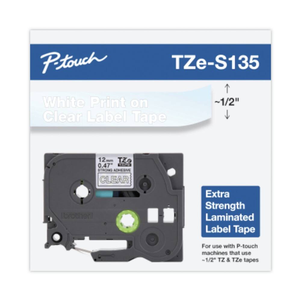 P-touch  
TZe-S135  

White Print on Clear Label Tape  
~1/2" 12mm 0.47"  

Extra Strength Laminated Label Tape  

For use with P-touch machines that use ~1/2" TZ & TZe tapes