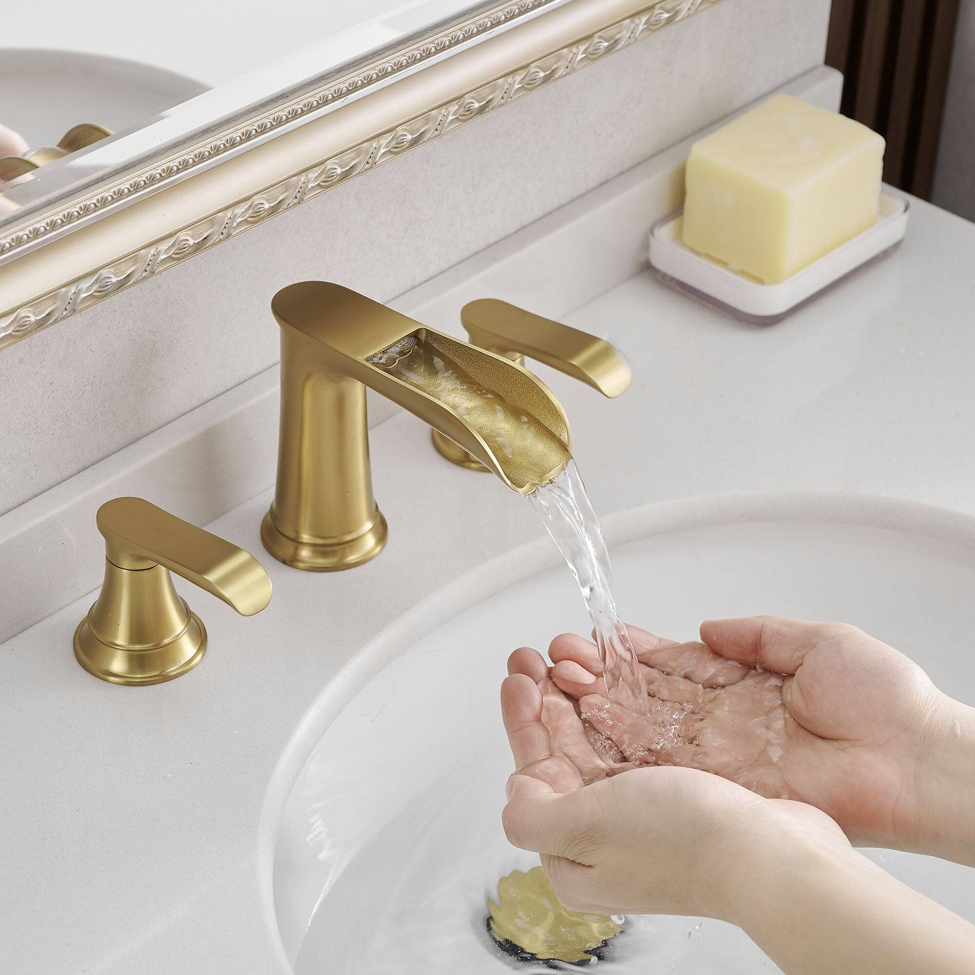 Alt View 4. Boyel Living - Waterfall 8 Inch Widespread Double Handle Brass Bathroom Faucet with Pop Up Drain and Water Supply Hoses in Brushed Gold - Brushed Gold.