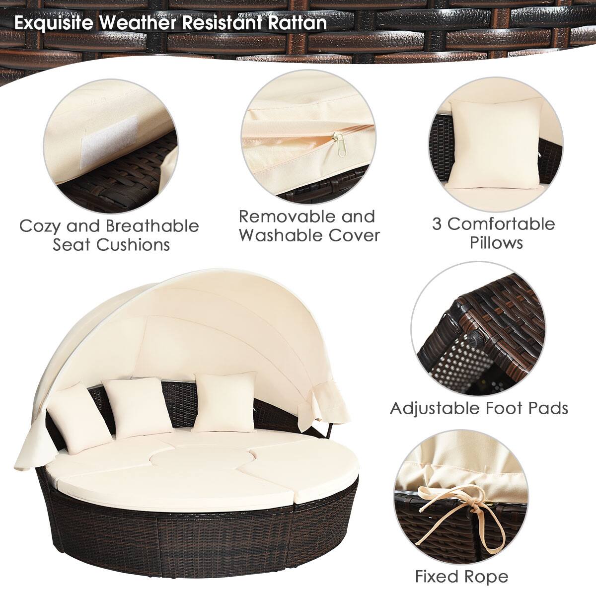 Exquisite Weather Resistant Rattan

- Cozy and Breathable Seat Cushions
- Removable and Washable Cover
- 3 Comfortable Pillows
- Adjustable Foot Pads
- Fixed Rope