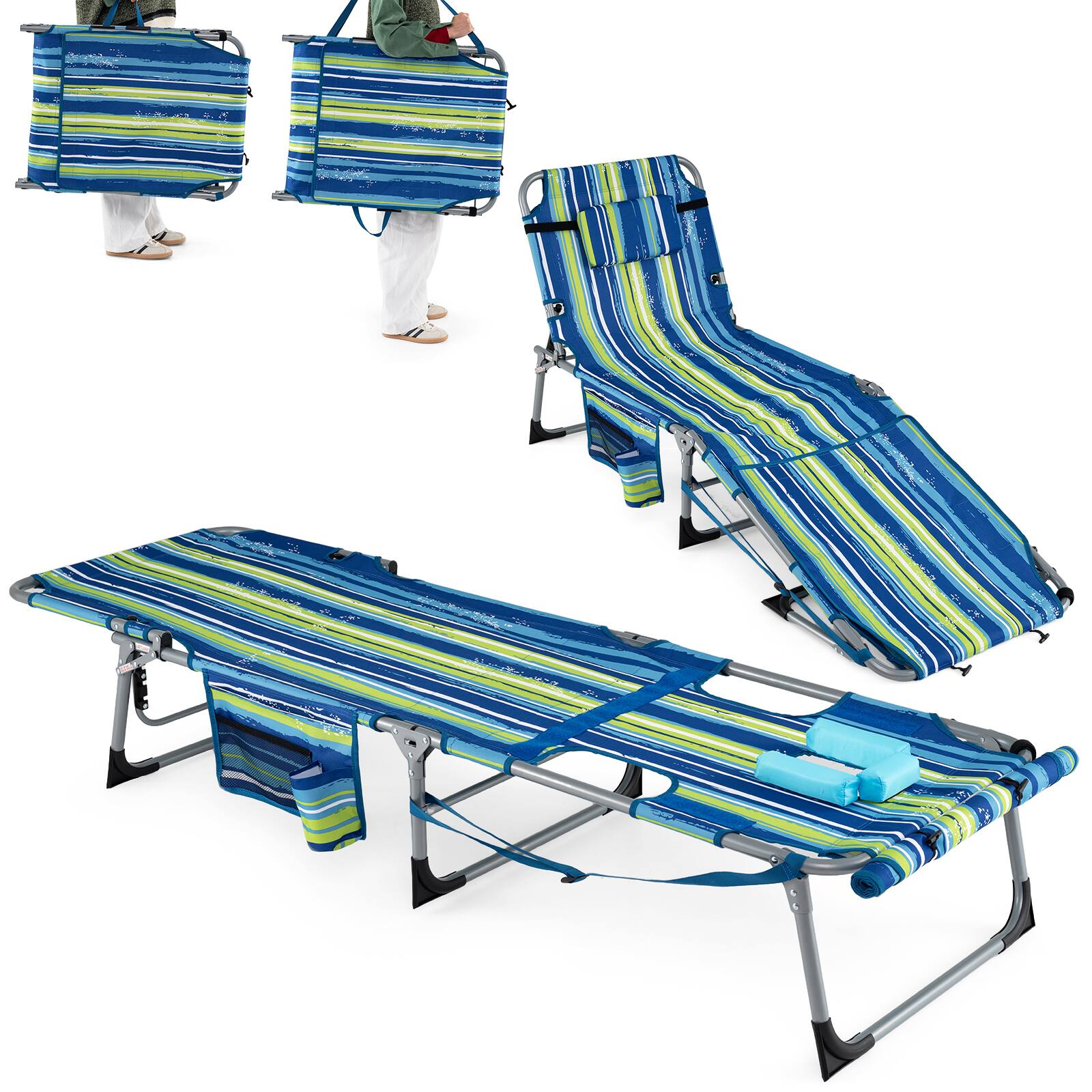 Alt View 8. Gymax - Gymax 2PCS Tanning Chair w/Face Arm Holes 4-Level Backrest & Head Pillow Side Pocket - Blue.
