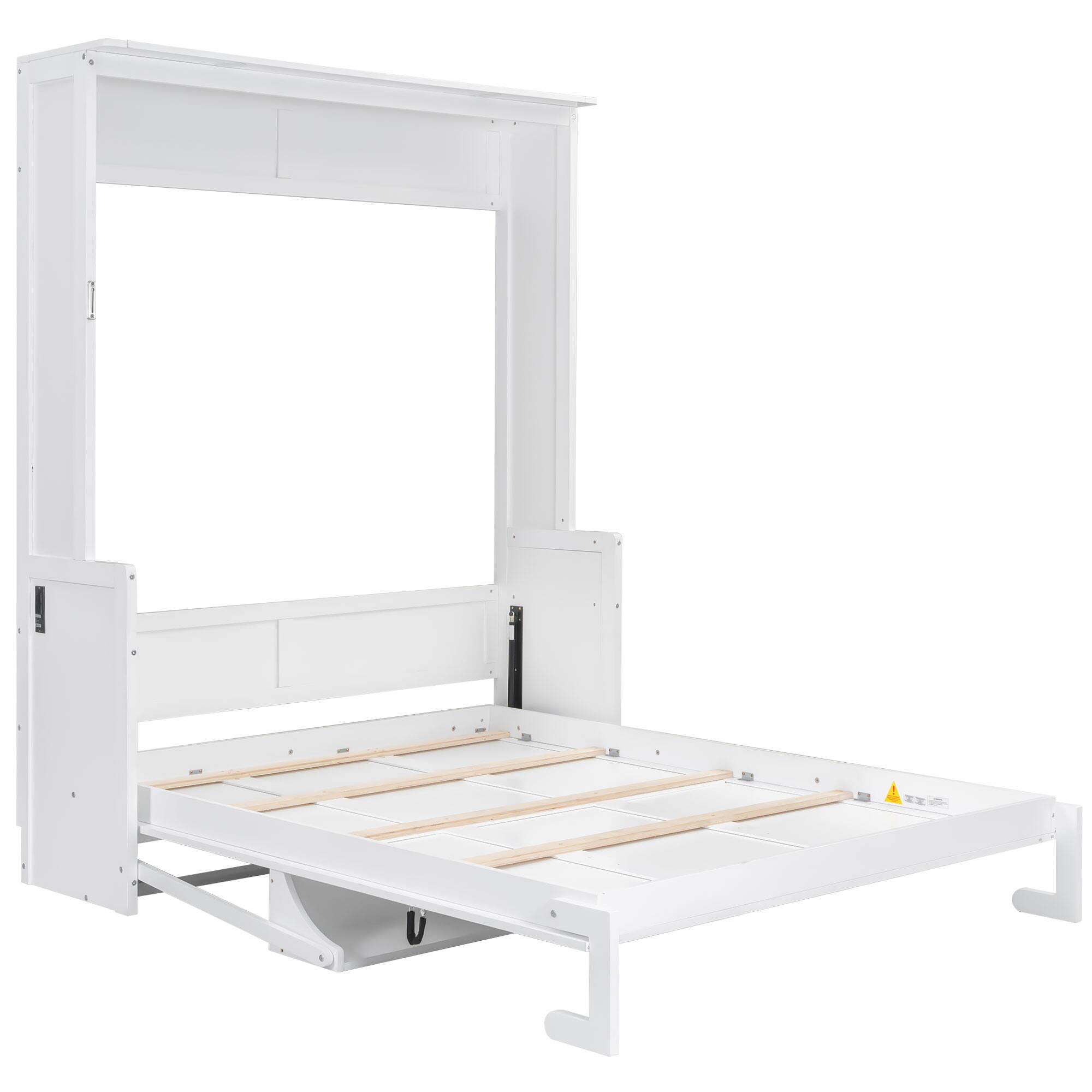 Back. Whisen - Queen Size Murphy Bed with Desk, Foldable Bed with LED Lights, USB Charging Station for Bedroom - White.