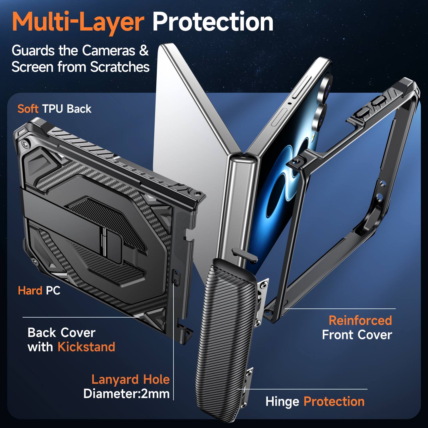 Multi-Layer Protection  
Guards the Cameras & Screen from Scratches  

Soft TPU Back  
Hard PC Back Cover with Kickstand  
Reinforced Front Cover  
Lanyard Hole Diameter: 2mm  
Hinge Protection