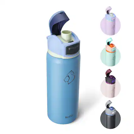 Front. Buzio - 32oz Insulated Water Bottle with Leakproof Pop & Chug Lid - Blue.