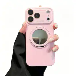 Dteck - for Apple iPhone 17 Pro Max Large Window Glass Phone Case with Mirror Stand,Magnetic Wireless Charging,Full Lens Cover - Pink