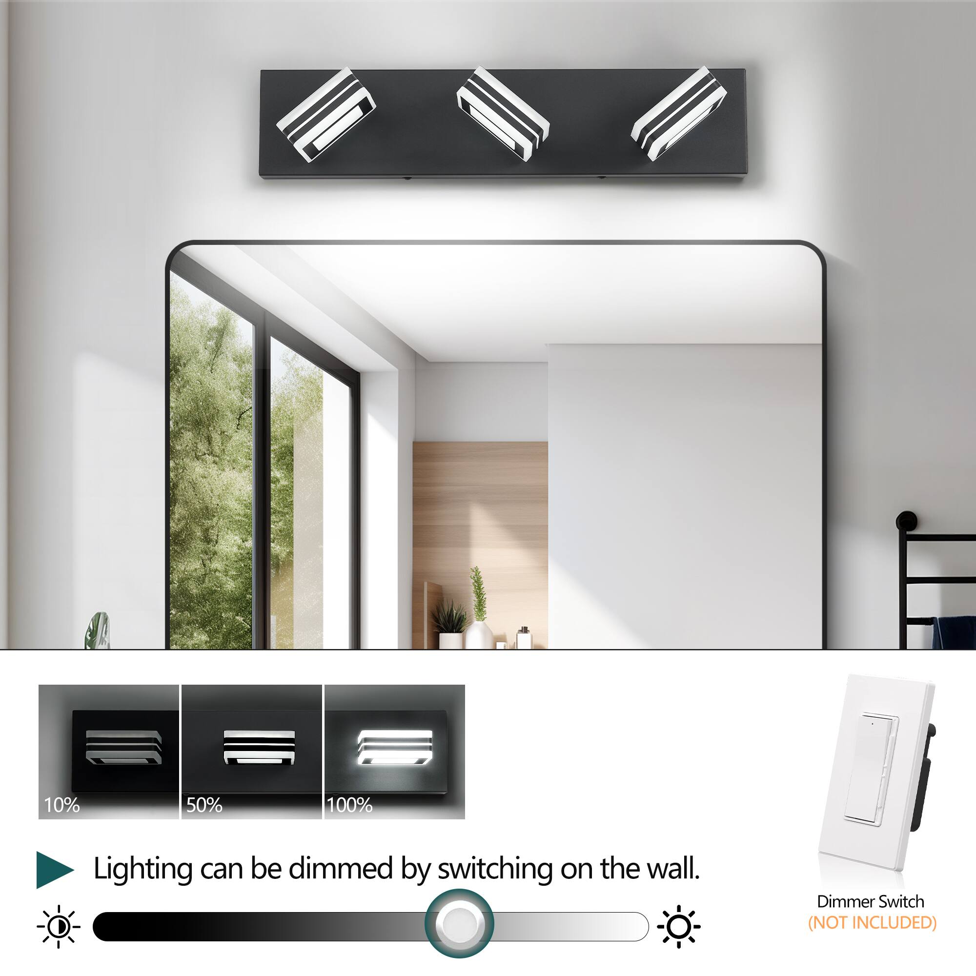 10% 50% 100%  
Lighting can be dimmed by switching on the wall.  
Dimmer Switch (NOT INCLUDED)