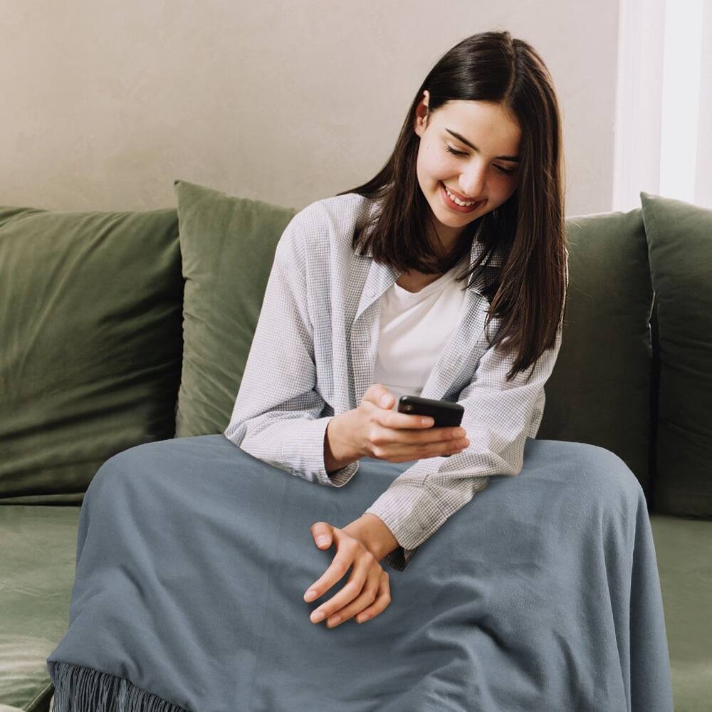 Left. Loheer - Loheer USB Heated Shawl with Zipper 77x24In Electric Throw Wrap - Grey.