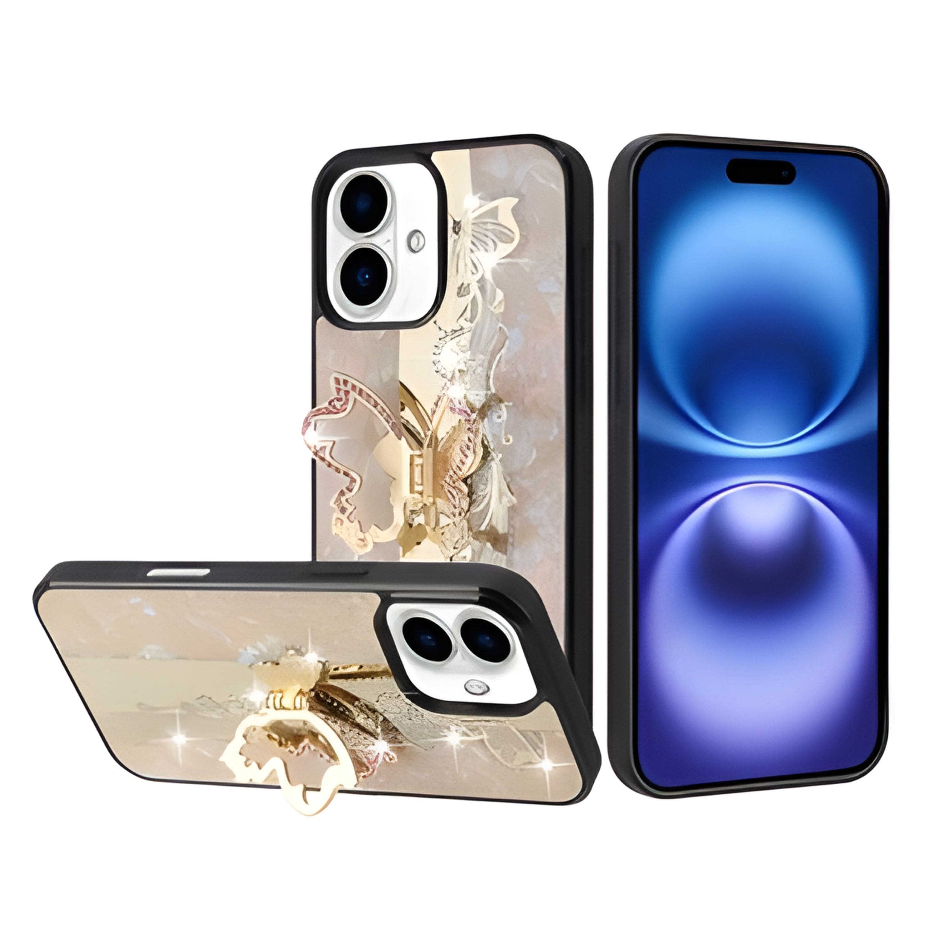 Kitcheniva - Rhinestone Glitter Butterfly Design Phone Case With Tempered Glass For iPhone 17 - Gold