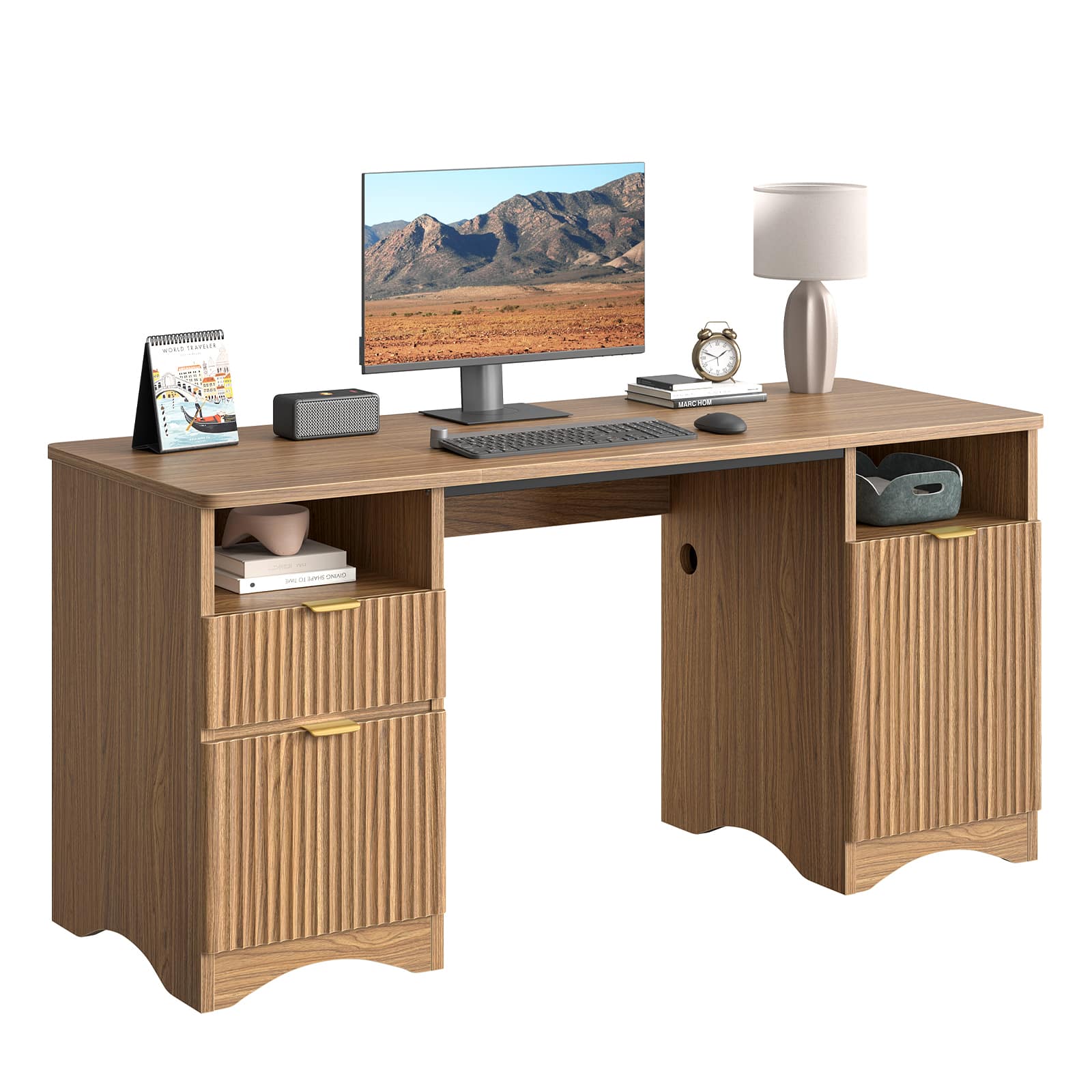 Bestier - 59 inch Fluted Executive Office Desk with 2 Drawers and Storage Cabinet Modern Home Office Desk with Cable Management - Brown Oak